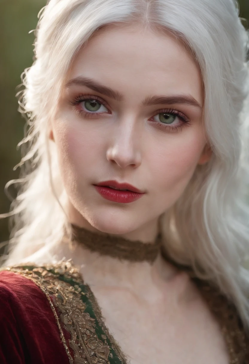 (((a deep reddish wound crosses her left cheek))) fair complexion, woman around 19 years old, natural white hair, distinctive green eyes, wearing kohl, slender and graceful, beautiful, candlelight in a medieval setting, ultra sharp focus, realistic shot, medieval female clothes, tetradic colors (scar:1.4)