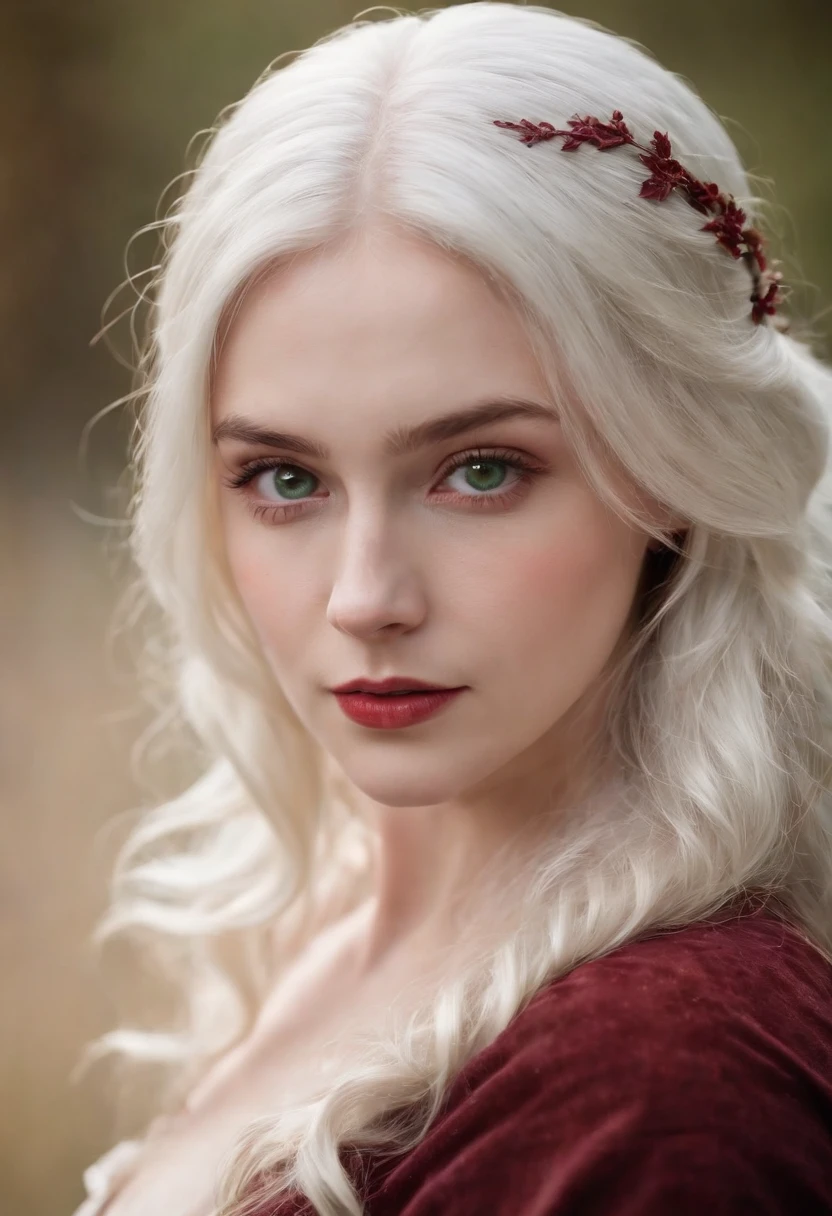 (((a deep reddish wound crosses her left cheek))) fair complexion, woman around 19 years old, natural white hair, distinctive green eyes, wearing kohl, slender and graceful, beautiful, candlelight in a medieval setting, ultra sharp focus, realistic shot, medieval female clothes, tetradic colors (scar:1.4)