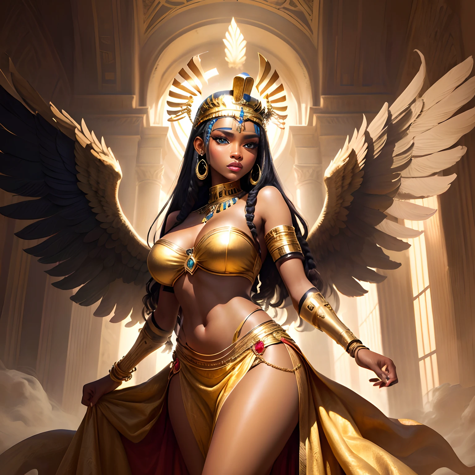 Create Cleopatra: black woman with big breasts, green eyes with wings and golden crown