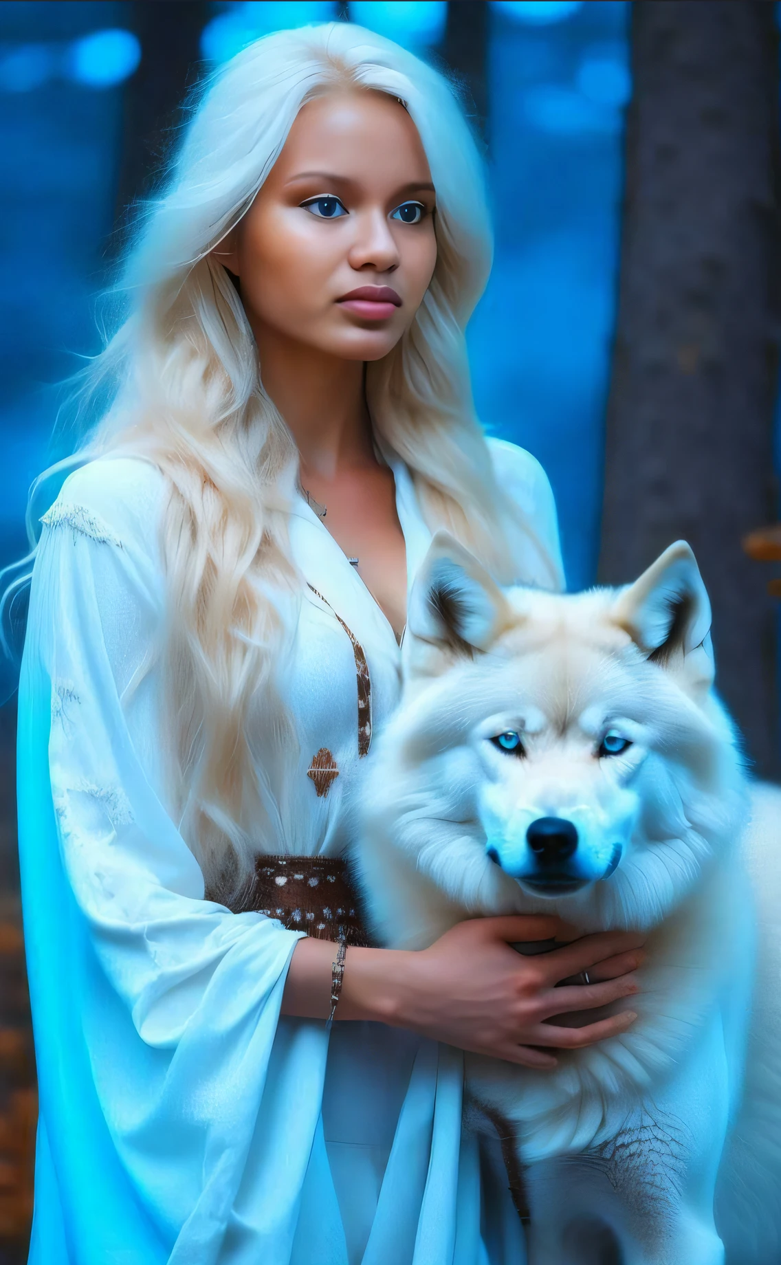 Mulher de vestido branco segurando um lobo branco em uma floresta, lobo branco, Beautiful Nordic woman, Lobo branco com olhos azuis, Princesa 'Kida' Kidagakash, um lobo branco, com longos cabelos brancos, com cabelos longos brancos, mulher linda, Angiewolf, longos cabelos loiros e olhos azuis, female anthropomorphic wolf