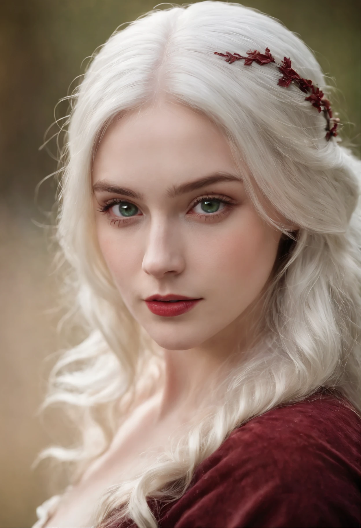 (((a deep reddish wound crosses her left cheek))) fair complexion, woman around 19 years old, natural white hair, distinctive green eyes, wearing kohl, slender and graceful, beautiful, candlelight in a medieval setting, ultra sharp focus, realistic shot, medieval female clothes, tetradic colors (scar:1.4)