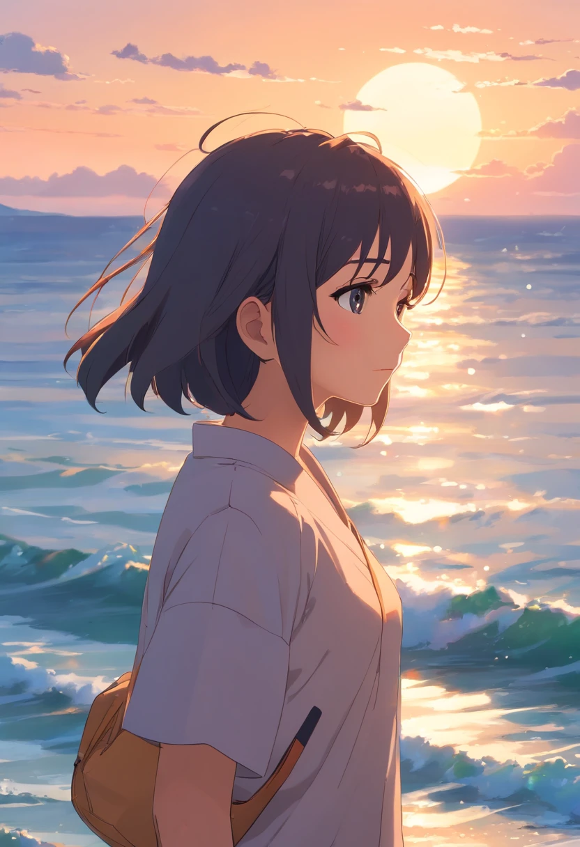 masterpiece、top-quality、Movie stills、1girl、发光、happiness、the setting sun、sea side、komono、Crying face