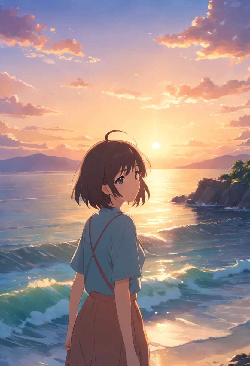 ​masterpiece、top-quality、Movie stills、1girl、发光、happiness、the setting sun、sea side、komono、Crying face