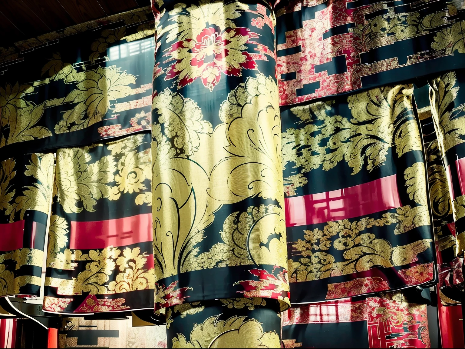 8K, RAW photo, Best quality, tmasterpiece,super high image quality,on cheongsam,Pattern,Graphic design,Patterned,China-style,Painted lip design,Cheongsam pattern, intricate image, In the center of the image,, Gold-plated silk fabric, golden colored,Flat pattern,plan,Graphic design,Cheongsam pattern,Qipao photo,the detail,large painting,Fine-grained,Chinese pattern,Meticulous,Wallpapers,abstracted,the wallpaper,the wallpaper,Flat pattern,lichen,abstract paintings,Wallpapers,red colour,blossoms,leafs,Meticulous,Map,Texture,grain,abstract artistic,art painting,Gold pattern,red flower,level