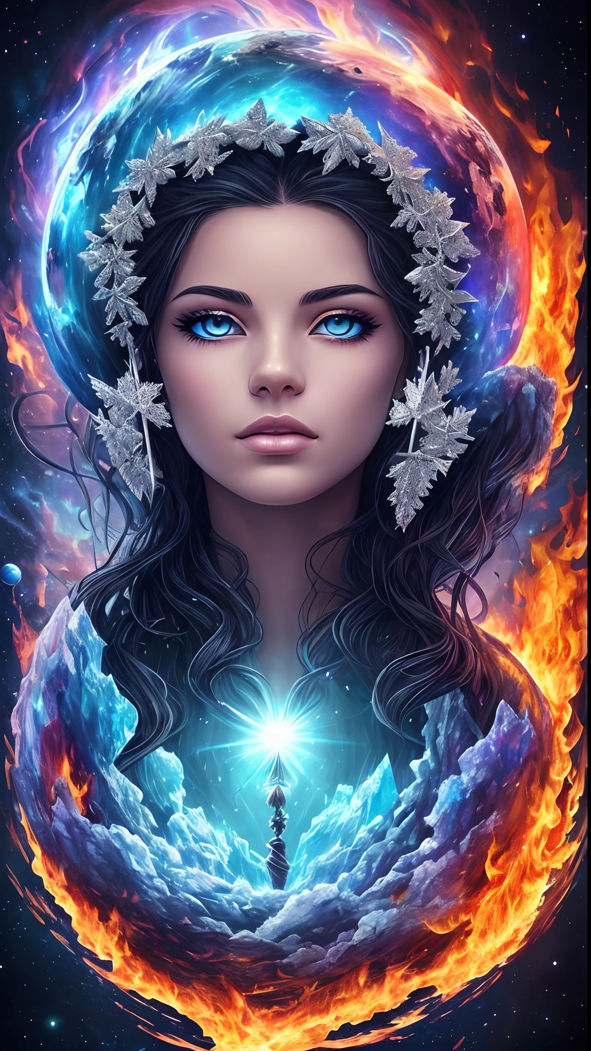 (Ultra Real), (illustration), HDR (High Dynamic Range), Draw a sexy goddess of holy winter, under the sign of the frosty phoenix. is dressed in Ancient Biomechanics, exoskeleton, out of this world, driven by the inner negative energy of the goddess, this energy is visible to the viewer. Draw nature's moving icy blue-black living flames on a futuristic exoskeleton. This sexy outfit has a lot of bold, sexy leaks, ray tracing, [[reflected light]], [textured skin], (((divine staff burning with living ice))),[high detail], [highest quality], [high quality], highly detailed dragons , [epic fantasy art style], [[epic digital fantasy art 4k]],(fractal art: 1.6), [[snowflakes: 1.8]], [Depth of field, fine art, stunning, iridescent shine, [transparent: 1.7], [shiny: 1.5]], [light reflections: 1.3], Fujicolor, cinema lighting], silver curls, storm, vivid, sunlit, (edge ​​detection: 1.3), [[absurdities, impressive, luminous, shiny, reflections, lights, sky, degrees, psychedelic]], Incomprehensible and spectacular scene from a glowing cloud, Girl of the Elements [[[fire: ice:0.5]]], ((orange fire eyes and blue ice eyes)), [[[[fire and ice face]]]], rich colors, (dynamic face:1.3), fractal nebula filaments, cosmic beings, blue, Space, light and bright, curls, swirling, unreal, high contrast, symbolic, Magical, Mystical, Mystification, Hyperrealistic, Supersaturated, Colorful