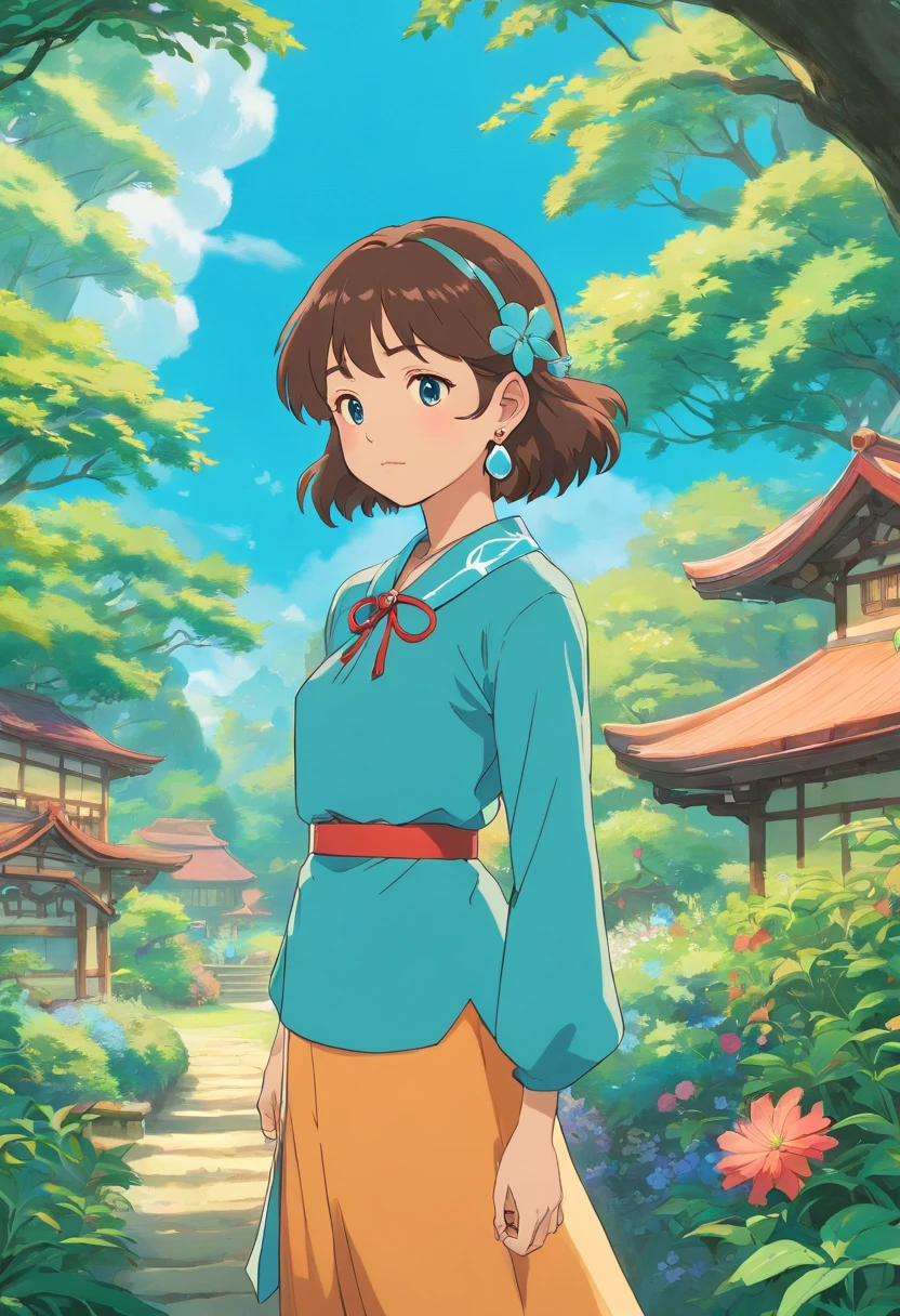 a girl wearing an anime collar, a long necklace and earrings, in the style of tranquil gardenscapes, colorful animation stills, masami teraoka, aquamarine, paul gauguin, Embry style, honest portrayal