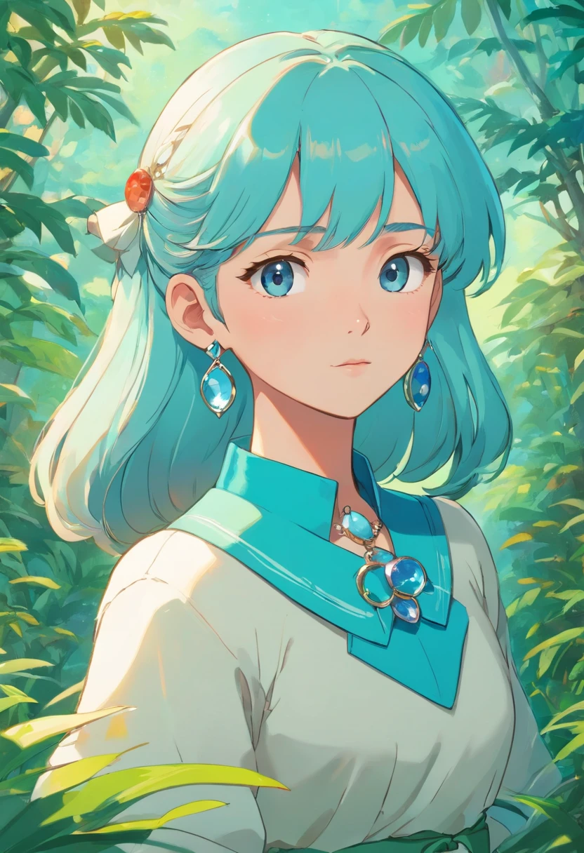 a girl wearing an anime collar, a long necklace and earrings, in the style of tranquil gardenscapes, colorful animation stills, masami teraoka, aquamarine, paul gauguin, Embry style, honest portrayal