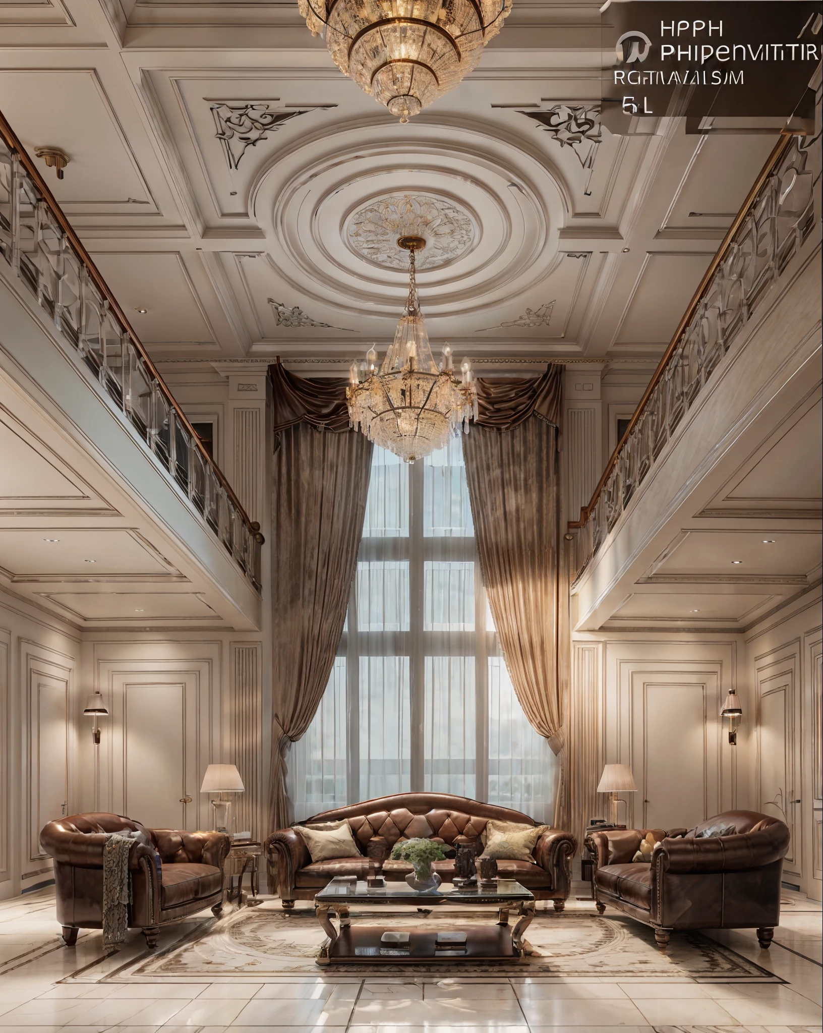 RAW photo, masterpiece, a view of a living room with a couch, chairs, and a chandelier, highly detailed interior, neo - classical style, neoclassical style, neoclassicism style, interior architect architectural visualization, neoclassical style, in style of classicism, white light sun, rendered in vray, rendered in v-ray, rendered in unreal engine 3d, (photorealistic:1.2), (photorealistic:1.5), best quality, ultra high res, architechture, (leather sofa detail:1.5), neoclassic house, (detailed railing neoclassic:1.5), luxury neoclassical villa, (mable floor details:1.5), (detailed neoclassical carpet:1.5), in the style of neoclassical scene, glass windows, best quality, (Intricate lines:1.5), ((Photorealism:1.5)),(((hyper detail:1.5))), archdaily, award winning design, (dynamic light:1.3), (day light:1.2), (perfect light:1.3), (shimering light :1.4),  refection glass windows, (curved line architecture arch:1.2), photorealistic, FKAA, TXAA, RTX, SSAO, Post Processing, Post-Production, CGI, VFX, SFX, Full color,((Unreal Engine 5)), Canon EOS R5 Camera + Lens RF 45MP full-frame CMOS sensor, HDR, Realistic, Cinematic intricate detail, extreme detail, science, hyper-detail, FKAA, super detail, super realistic, crazy detail, intricate detail, nice color grading, reflected light on glass, eye-catching wall lights, unreal engine 5, octane render, cinematic, trending on artstation, High-fidelity, Viwvid, Crisp, Sharp, Bright, Stunning, ((Lifelike)), Natural, ((Eye-catching)), Illuminating, Flawless, High-quality,Sharp edge rendering, medium soft lighting, photographic render, detailed archviz