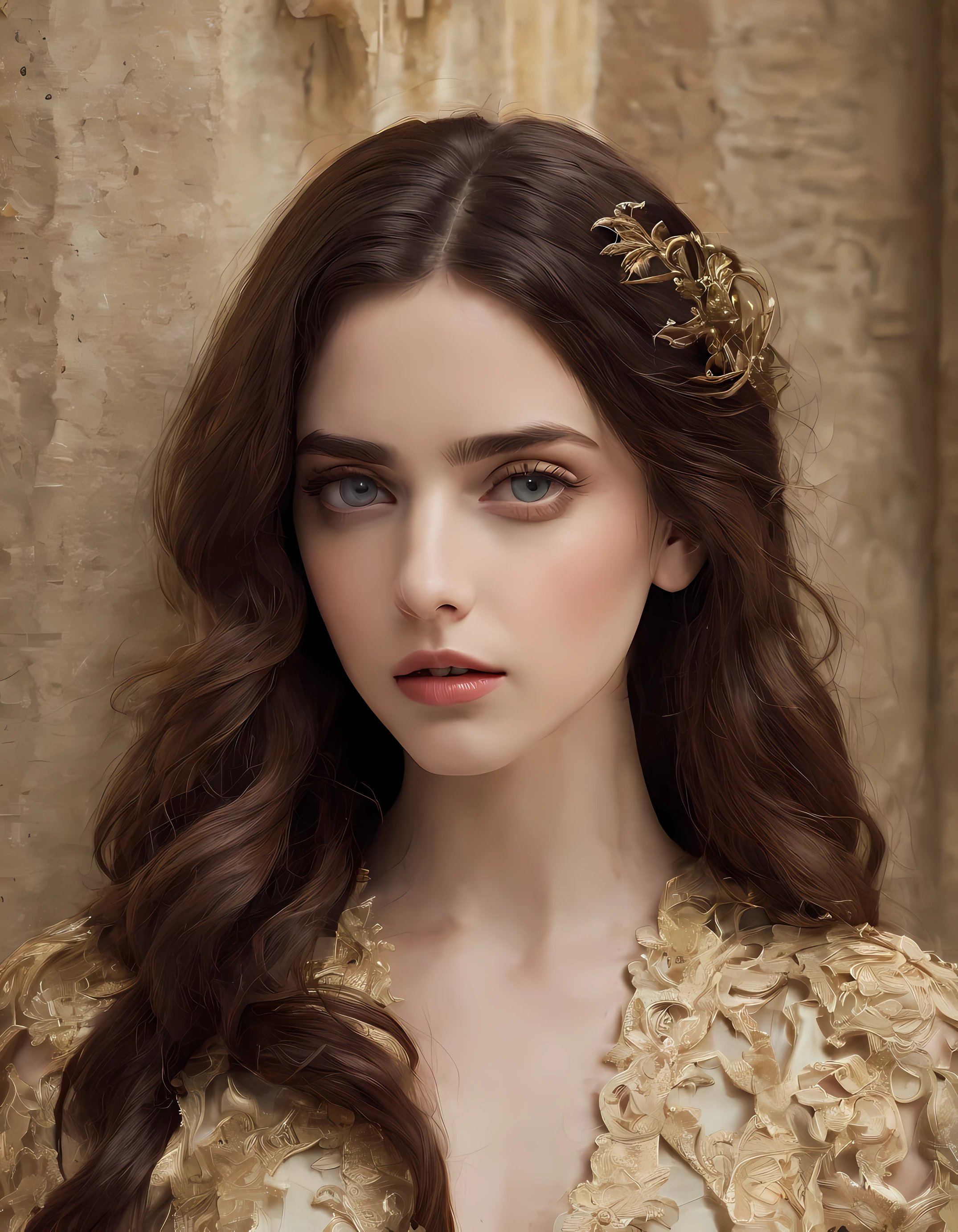 Uma mulher jovem linda atraente inspirada em Emily Rudd, como Emily Rudd, (((with random costume))), ((((Autorretrato do rosto realista))), autoretrato do rosto com zoom aproximado com fundo desfocado, (((Atmosfera sombria: in an indoor rustic castle environment)))