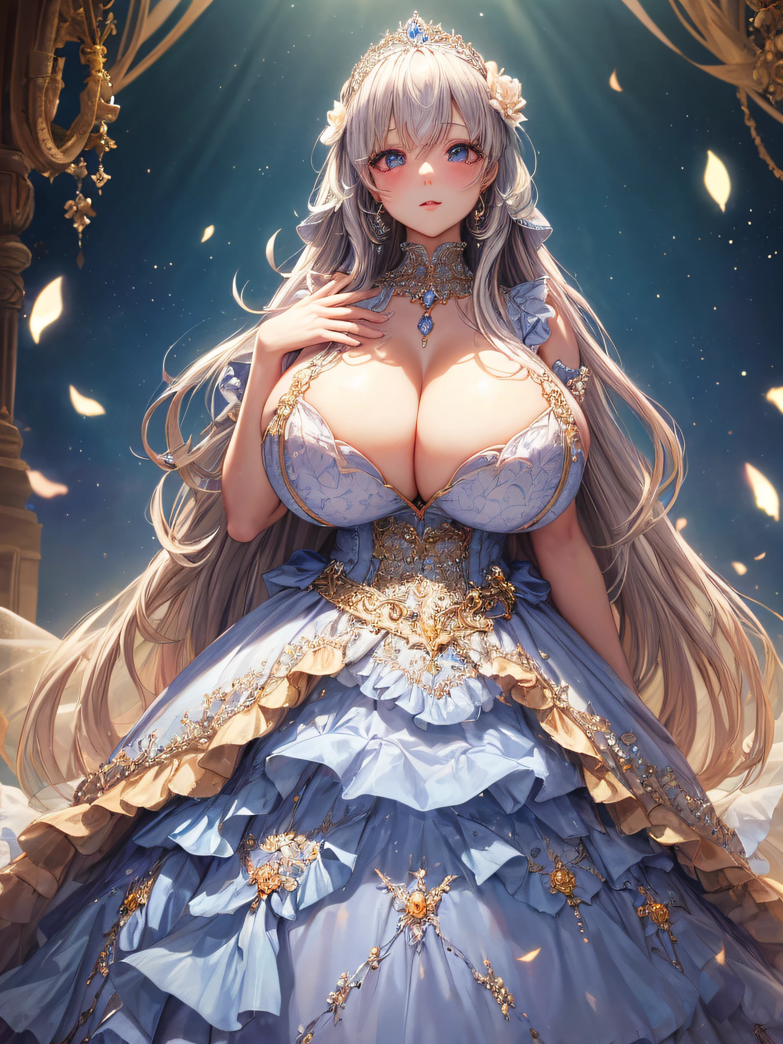 (masterpiece, best quality,extremely detailed:1.1),(moe anime art style:1.2),1girl,((full body)),((solo)), cute, kawaii,digital art,((1 bling-bling anime princess wearing beautiful embroidery and jeweled ruffled gorgeous princess ballgown with voluminous full length hoop skirt)),((crinoline)),long train,voluminous frills,(gorgeous embroidery and beautiful lace),((very gigantic boobs,skindentation)),cleavage,shiny hair,(((very long straight hair))),((finely detailed face and eyes)),clear pupil,extremely gorgeousfull hair ornament,(bling-bling jeweled extremely gorgeousfull tiara),(bling-bling gorgeous gemstone jewelry),long veil,beautiful background,fantasy background,flowers,flower petals flowing,full body,((beautiful embroidery and jeweled ruffled gorgeous princess ballgown with voluminous full length hoop skirt))