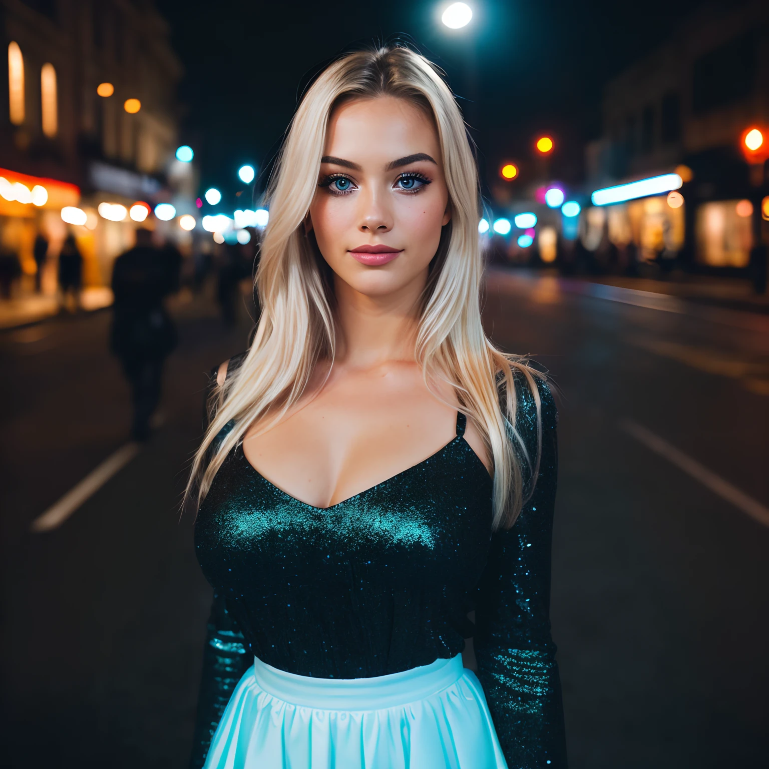 (Selfie, Draufsicht: 1.4), (full body), RAW UHD portrait photo of a 24-year-old blonde (Blue-eyed woman) Eine dunkle Gasse entlanggehen, big boobs,, Stadt bei Nacht, (Rock), (Ausschnitt), Details (Gewebe! , Haar! , Glitzer, Farbe!! , Benachteiligungen: 1.1), shiny eyes with high level of detail (Blick in die Kamera), SLR-Beleuchtung, Spiegelreflexkamera, ultra quality, Sharpness, Depth of field, Filmkorn (Mitte), Fujifilm XT3, kristallklar, Rahmenmitte, Beautiful face, Scharfer Fokus, Streetlight, Neonbeleuchtung, bokeh (schwach beleuchtet), Nacht, (Nachthimmel), Detaillierte Hautporen, Oily skin, Sonnenbrand, Komplexe AugenDetails, full entire body