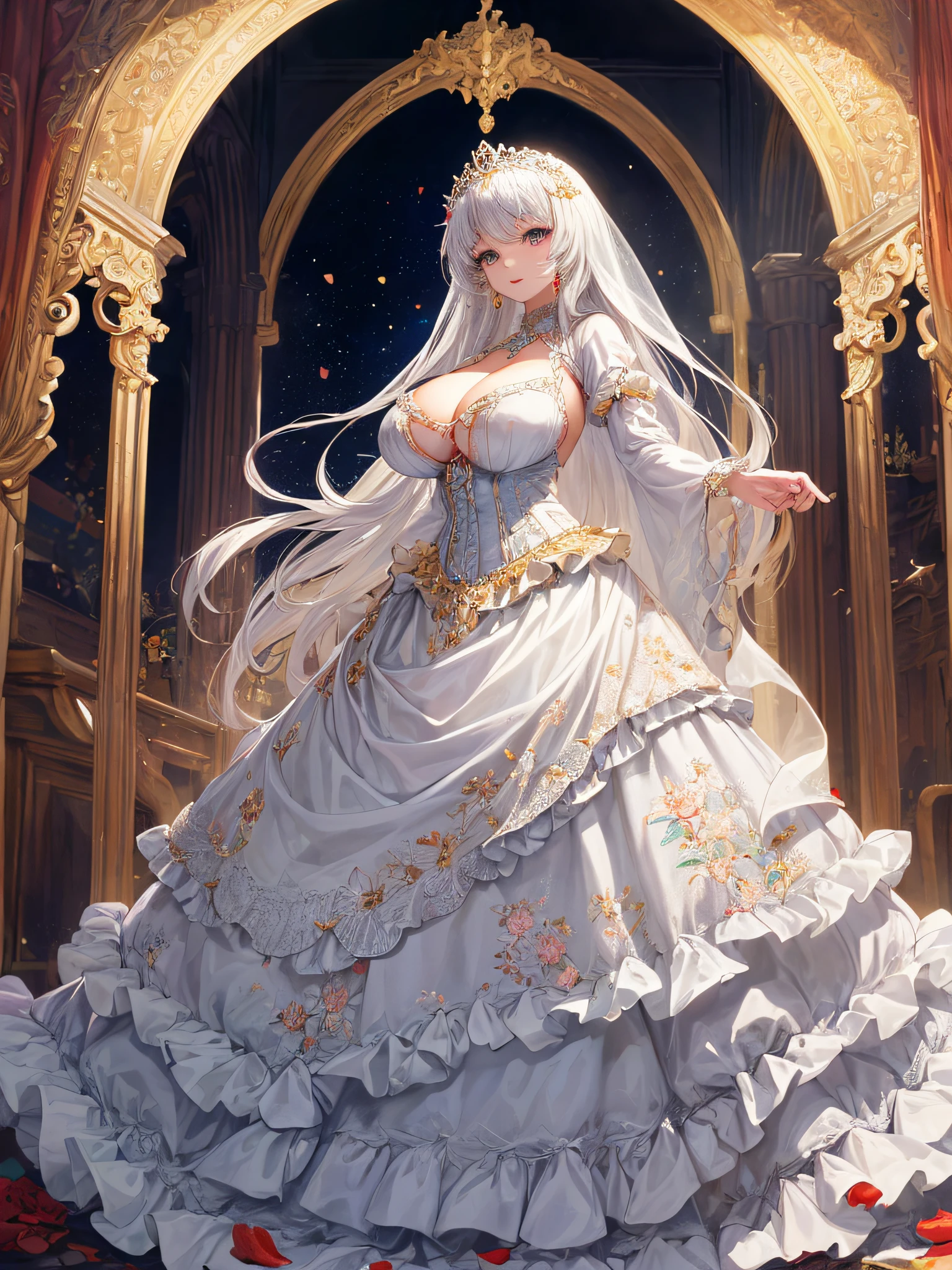 (masterpiece, best quality,extremely detailed:1.1),(moe anime art style:1.2),1girl,((full body)),((solo)), cute, kawaii,digital art,((1 bling-bling anime princess wearing beautiful embroidery and jeweled ruffled gorgeous princess ballgown with voluminous full length hoop skirt)),((crinoline)),long train,voluminous frills,(gorgeous embroidery and beautiful lace),((very gigantic boobs,skindentation)),cleavage,shiny hair,(((very long straight hair))),((finely detailed face and eyes)),clear pupil,extremely gorgeousfull hair ornament,(bling-bling jeweled extremely gorgeousfull tiara),(bling-bling gorgeous gemstone jewelry),long veil,beautiful background,fantasy background,flowers,flower petals flowing,full body,((beautiful embroidery and jeweled ruffled gorgeous princess ballgown with voluminous full length hoop skirt))