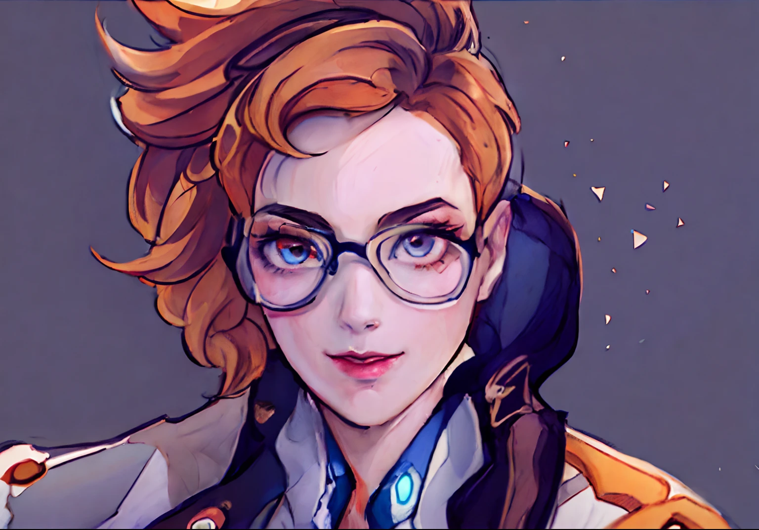 a closeup of a person with glasses and a jacket, fanart de overwatch, Inspirado em Overwatch, Tracer, De Overwatch, Moira de Overwatch, Estilo Overwatch, Equipe de Arte de Overwatch, Lois van Baarle e Rossdraw, Retrato de Mei de Overwatch, Rastreador overwatch, design de overwatch, Rastreador de Overwatch, Personagem de Overwatch, Personagem do rastreador de Overwatch, :: Ross