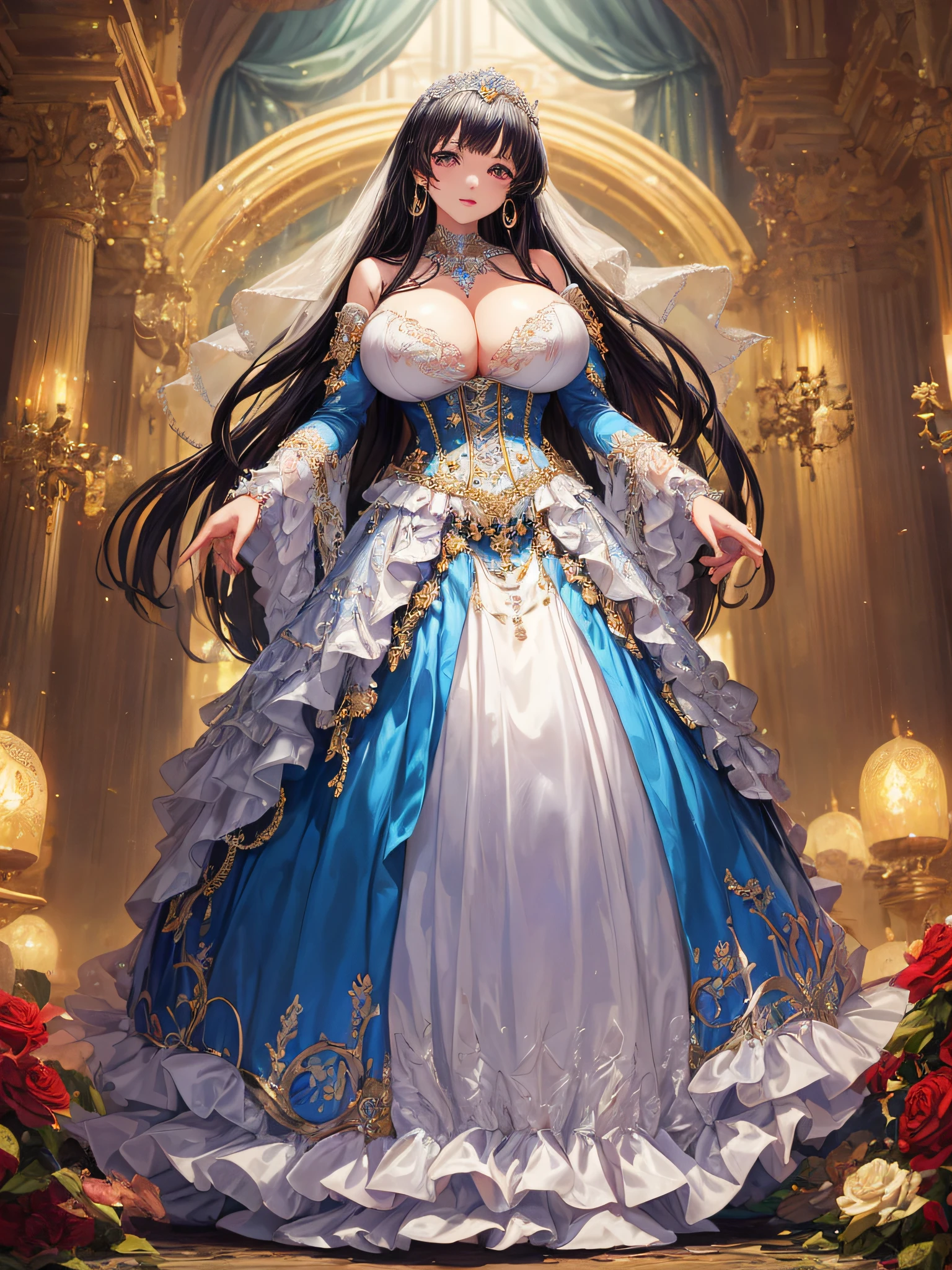 (masterpiece, best quality,extremely detailed:1.1),(moe anime art style:1.2),1girl,((full body)),((solo)), cute, kawaii,digital art,((1 bling-bling anime princess wearing beautiful embroidery and jeweled ruffled gorgeous princess ballgown with voluminous full length hoop skirt)),((crinoline)),long train,voluminous frills,(gorgeous embroidery and beautiful lace),((very gigantic boobs,skindentation)),cleavage,shiny hair,(((very long straight hair))),((finely detailed face and eyes)),clear pupil,extremely gorgeousfull hair ornament,(bling-bling jeweled extremely gorgeousfull tiara),(bling-bling gorgeous gemstone jewelry),long veil,beautiful background,fantasy background,flowers,flower petals flowing,full body,((beautiful embroidery and jeweled ruffled gorgeous princess ballgown with voluminous full length hoop skirt))