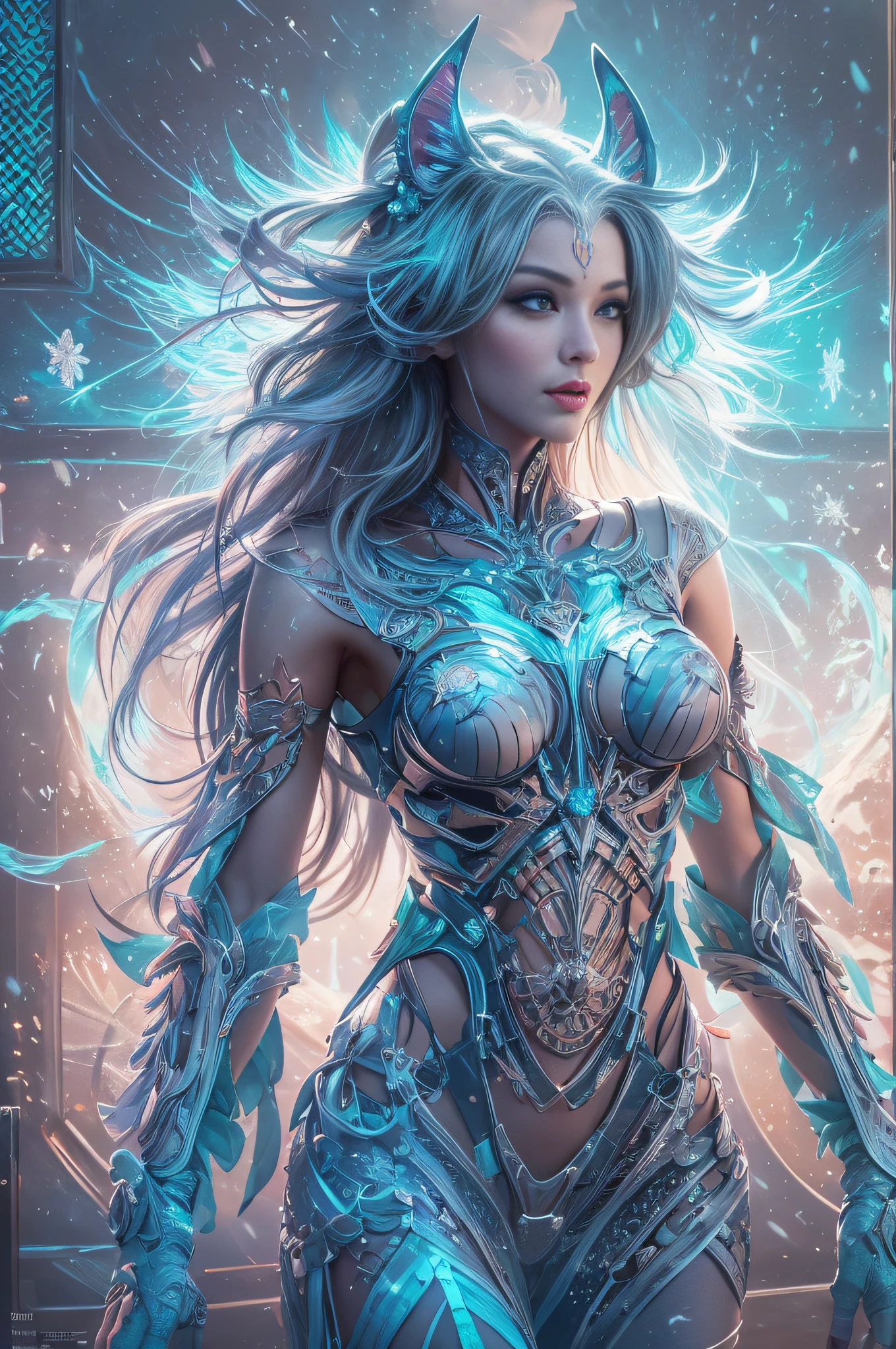 (Ultra Real), (illustration), HDR (High Dynamic Range), Draw a sexy goddess of holy winter, under the sign of the frosty phoenix. is dressed in Ancient Biomechanics, exoskeleton, out of this world, driven by the inner negative energy of the goddess, this energy is visible to the viewer. Draw nature's moving icy blue-black living flames on a futuristic exoskeleton. This sexy outfit has a lot of bold, sexy leaks. black hair, hair bobbles, wince, longeyelashes, solid circle eyes, fake animal ears, light smile, ear blush, fang, Surrealism, drop shadow, anaglyph, stereogram, tachi-e, pov, atmospheric perspective, Conceptual art, Futurism, Action painting, Suprematism, Color Field painting, [[[[sparkle]]]], [[[glowing light]]], ray tracing, [[[optical illusion]]], from outside, 8k, ccurate, best quality, best quality, super detail, HD, 8k, masterpiece