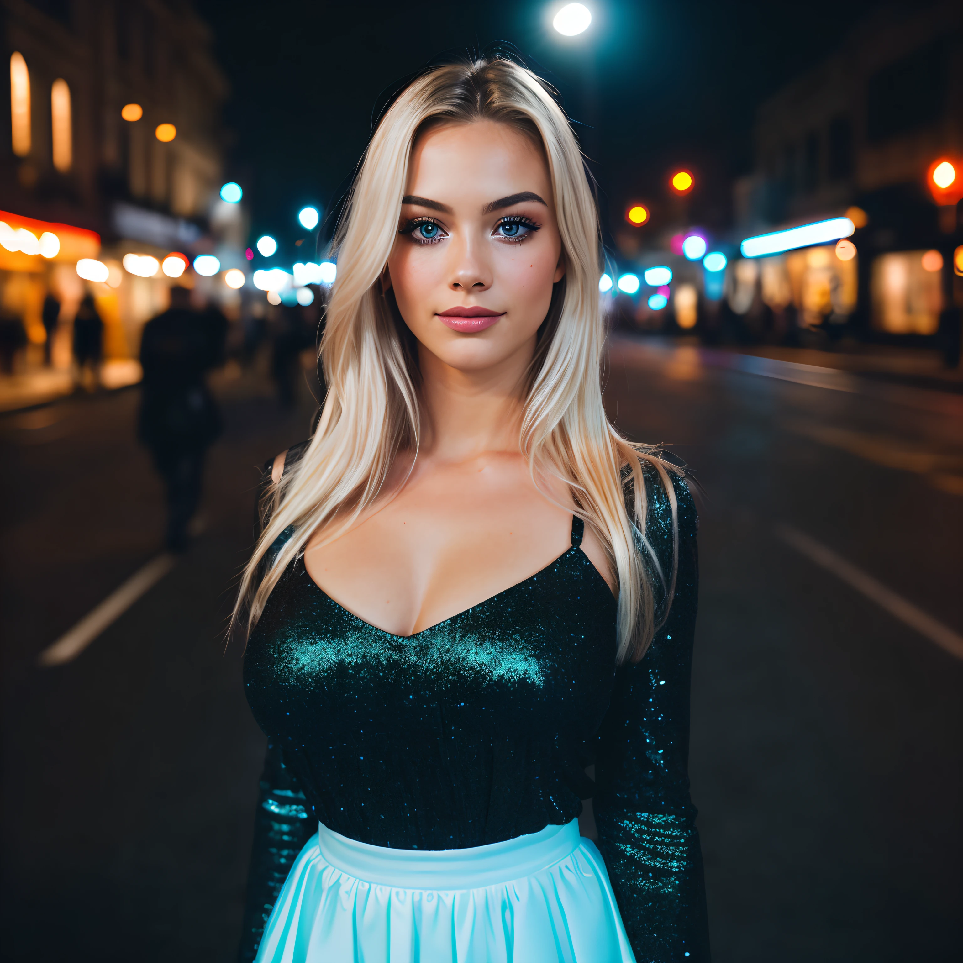 (selfie, top view: 1.4), (straight half of the body: 1.4), RAW UHD portrait photo of a 24-year-old blonde (blue-eyed woman) walking down a dark alley, large breasts,, city at night, (skirt), (neckline), details (textures! , hair! , glitter, color!! , disadvantages: 1.1), glossy eyes with high detail (looking at the camera), SLR lighting, SLR camera, ultra-quality, sharpness, depth of field, film grain (center), Fujifilm XT3, crystal clear, frame center, beautiful face, sharp focus, street lamp, neon lighting, bokeh (dimly lit), night, (night sky), detailed skin pores, oily skin, sunburn, complex eye details, full body, large breasts