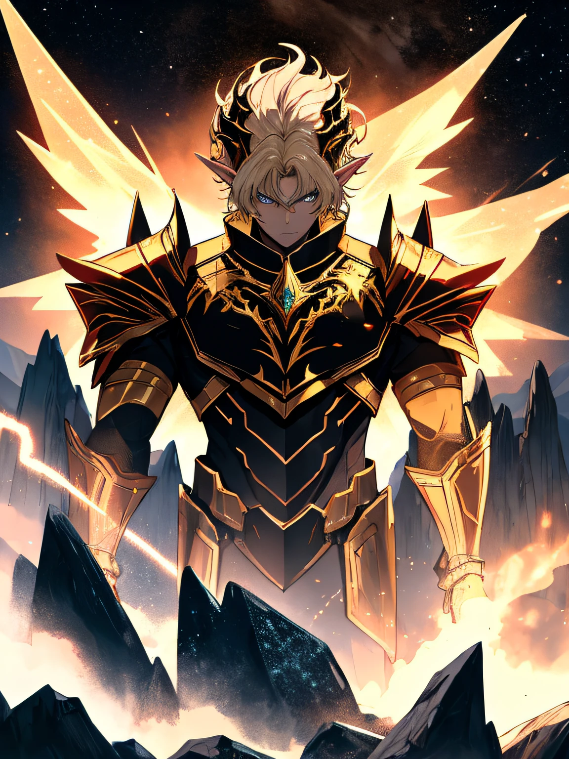 A very attractive muscular male elf with a tone, perfectly proportioned slim body, with luminous golden hair and golden eyes that resemble those of a dragon, standing at a height of 2 meters. He wears armor made of unrefined black crystals that appear to contain a galaxy within, fitting his body. Adopt a heroic pose, Look down from the top of a mountain with a serene gaze, while watching an army of demons on the slopes of the mountain. In his right hand, Grab a crimson-bladed claymore sword with a white hilt. 4k, Kinematic, luci, Detailed face.