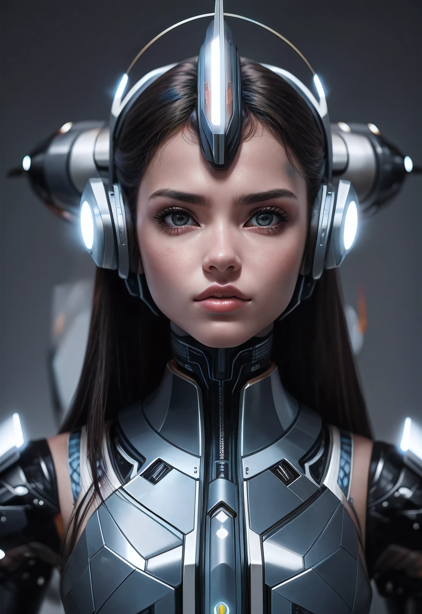 A closeup of a woman with a futuristic headpiece and a machine, perfect cyborg female, menina bonita ciborgue, cyborg menina branca bonita, ciborgue - menina, menina ciborgue, mulher ciborgue, menina ciborgue bonita, modelo de moda ciborgue, mulher ciborgue bonita, portrait of a futuristic robot, uma imagem de um belo ciborgue, beautiful female cyborg