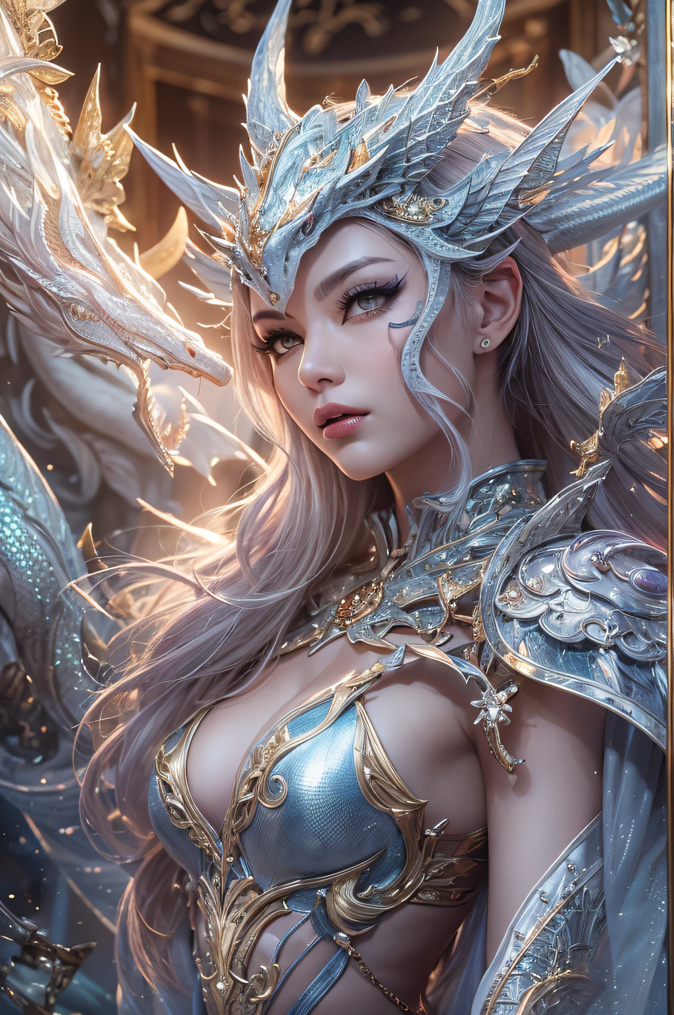 (glaring eyes:1.8) posing, epic, god rays, centered, [a goddess with a beautiful aattractive face], a fashion model 20 years old,[chest],[neck],[shoulders], all [feet and breasts shod in armor of silver glass, and cristals], twintails asymetrical long red hair, Girl, beautiful celestial crop top, medium bust:1.3, (narrow waist, slanderous legs), perfect proportions, perky , glaring ice eyes:1.5 The drawn enchanted fantasy land is frosty, with [flying pieces of ice floating in the air and glowing], [scattered crystals] this environment is a magical vortex of thousands of ambient light elements] In this fantastic area there is a great spirit dragon (length: 60m) and a thick one surrounding this fantastic masterpiece with all its greatness, illuminated accessories. This fantastic land is inhabited by a large flying serpent dragon is cmasterpiece with all its wonderful accessories. The dragon-beast lies. The image of this fantasy land is shrouded in powerful, glowing light, ray tracing,[reflected light]], [masterpiece], [textured skin], a divine staff burning with living ice[high detail],[best quality],[high quality], super detail of dragons, [epic fantasy art style],[[epic digital fantasy art style]], beautiful succubus, [epic fantasy style], [extremely detailed artgerm], [beautiful elegant demon queen], (Fantasy 4k art), fantasy 2.5 d cgi anime art, dragon girl, wlop and artgerm, (oli face: 1.3), (fractal art:1.6),[snowflakes:1.8], [[ray tracing],[sparkle],[[glowing light]], [[optical illusion]],[HD],[Depth of field, extremely detailed 64k, fine art, stunning, iridescent sheen, [crisp:1.7],[shiny:1.5]],[light reflections:1.3], Fujicolor, cinematic lighting], silver curls, storm, vibrant, sunlit, (edge detection:1.3), absurdres, impressive, 120mm, outlining, wide thighs, luminous, glittering, reflections, lights, sky, 360 View,