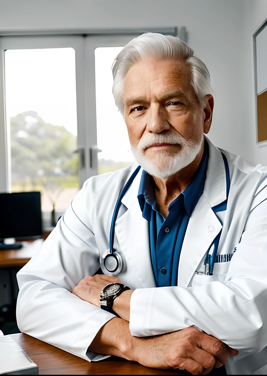 Homem idoso velho de terno branco e gravata sentado em uma mesa, foto de um homem, sitting at desk, wearing a medical suit, foto corporativa, homem bonito, retrato profissional hd