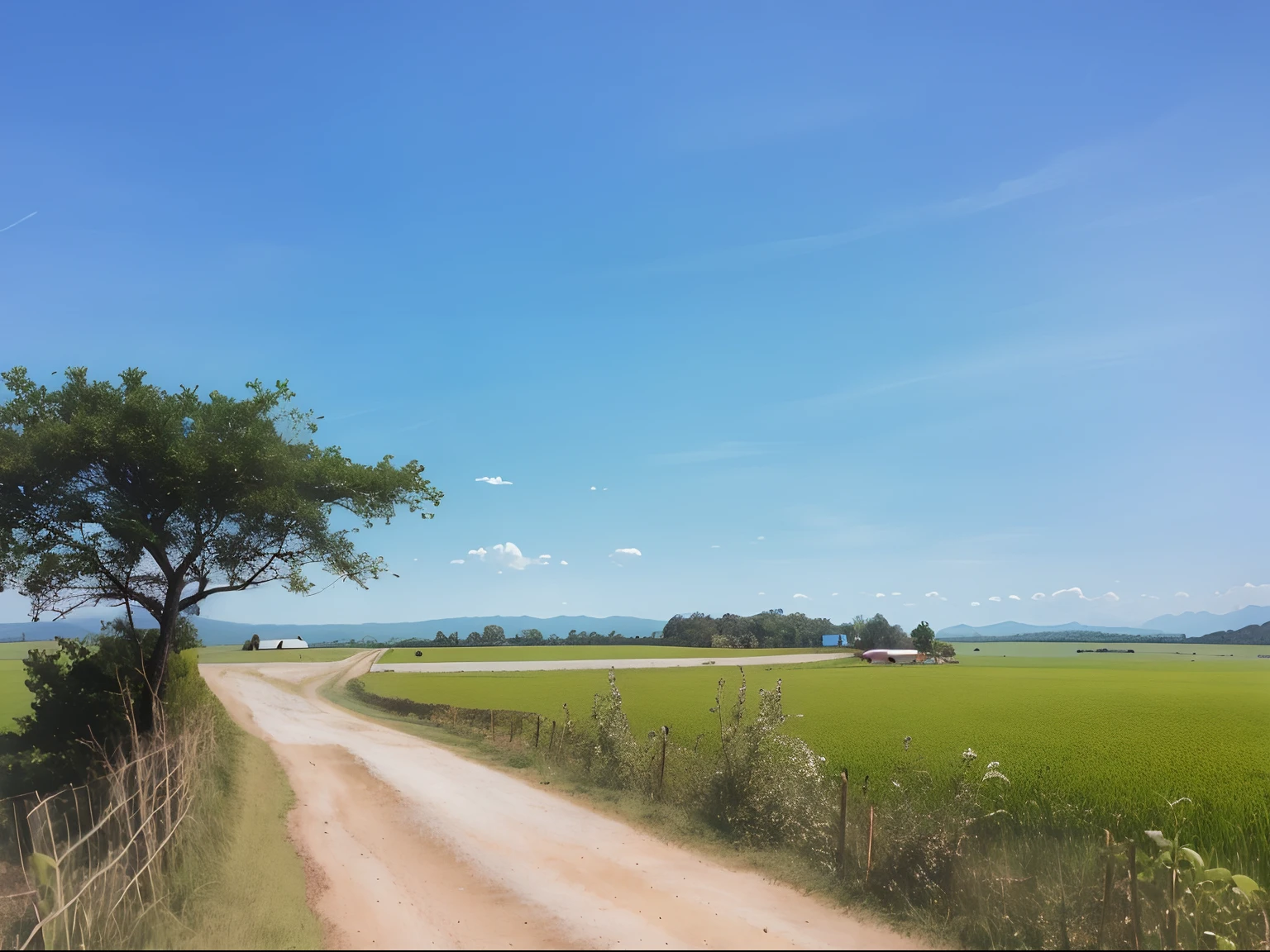 dirt road with a tree on the side of it and a field of green grass, Astronaut, sunny day with clear sky, sci-fi,green fields in the background, landscape view, farm land, beautiful sunny day, near farm, road to the sea, far away landscape shot, idyllic and fruitful land, temple in the distance, Malaysia with a paddy field, view from the distance