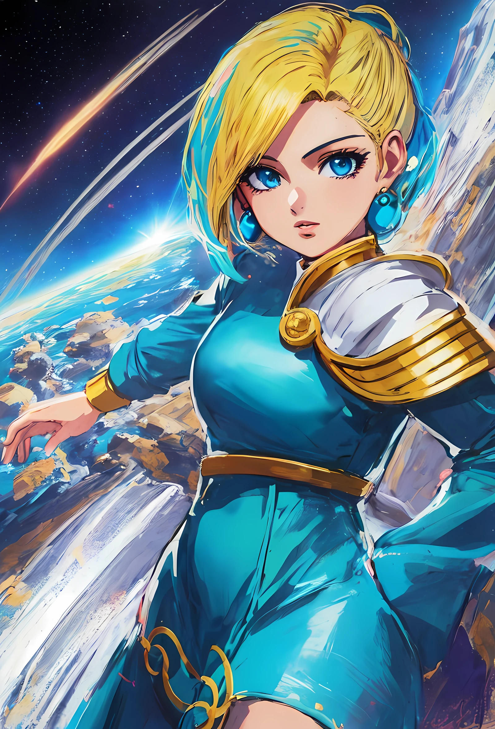 um close up de uma mulher com cabelos loiros e olhos azuis, portrait anime space cadet girl, 8 0 s estilo de arte anime, Bulma de Dragon Ball, 8 0 s vibe anime, no estilo de arte do anime 8 0 s, 8 0 s estilo anime, 9 0 s estilo de arte anime, portrait knights of zodiac girl, Android 18, estilo anime 4K