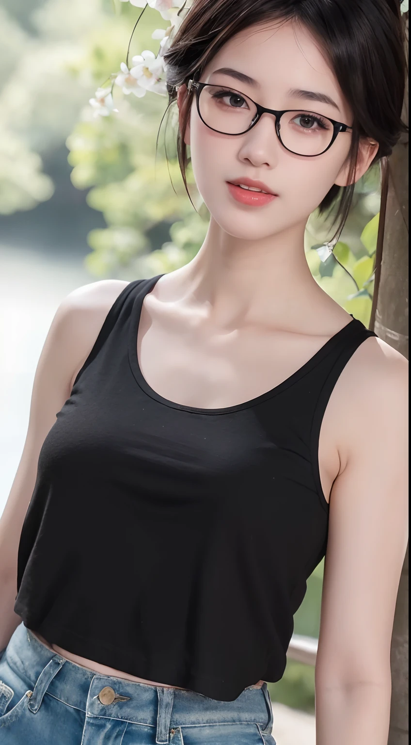 1girl, ((extreme detail)), (ultra-detailed), (best quality, 4k, 8k, highres, masterpiece:1.2), (realistic, photorealistic, photo-realistic:1.37),
(extremely detailed CG unity 8k wallpaper), (an extremely delicate and beautiful),
fine detail, insane details, sharp focus, soft back, soothing tones, hyperdetailed, low contrast, exposure blend, illustration,
beautiful lighting, perfect lightning, precise proportions, (cherry blossom on background), (short-length hair, black hair, partedhair:1.45), (black tank top), (denim shorts), (wearing glasses), smile,