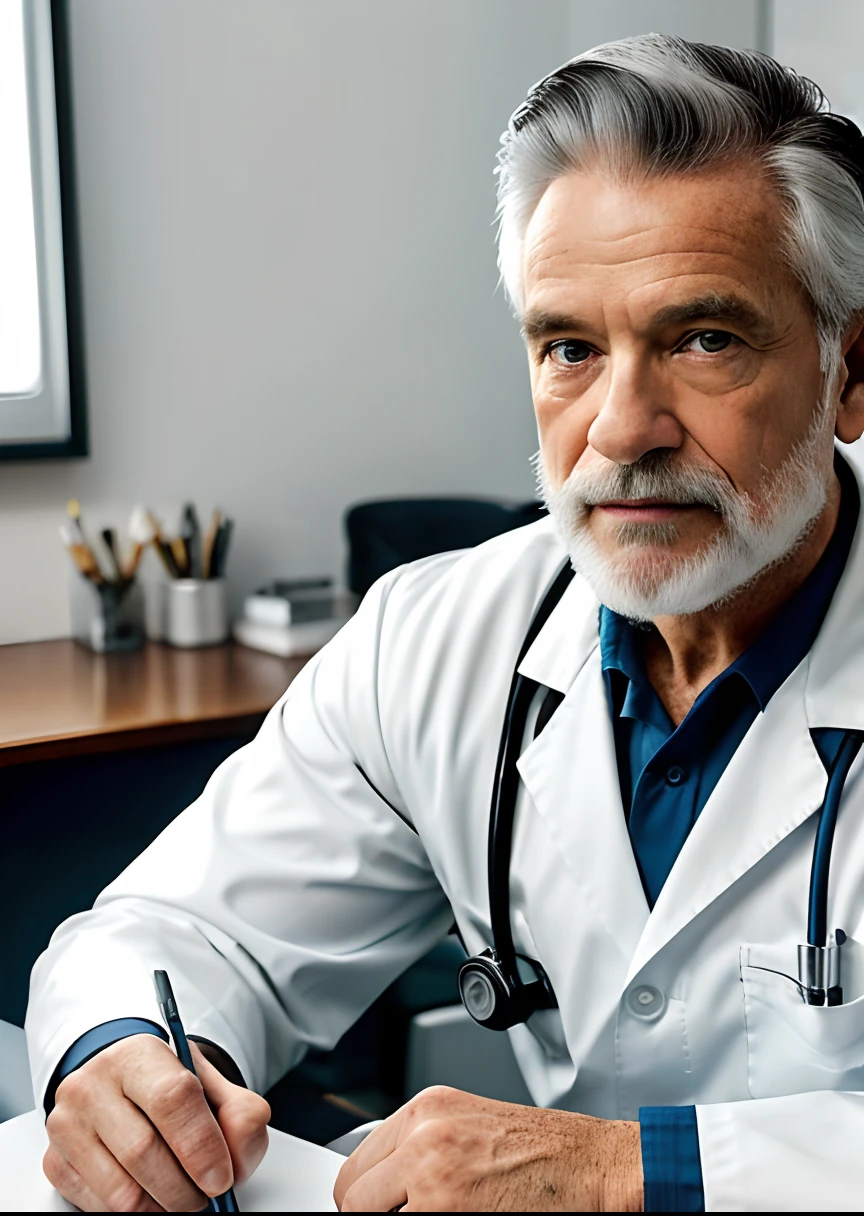 Homem idoso velho de terno branco e gravata sentado em uma mesa, foto de um homem, sitting at desk, wearing a medical suit, foto corporativa, homem bonito, retrato profissional hd