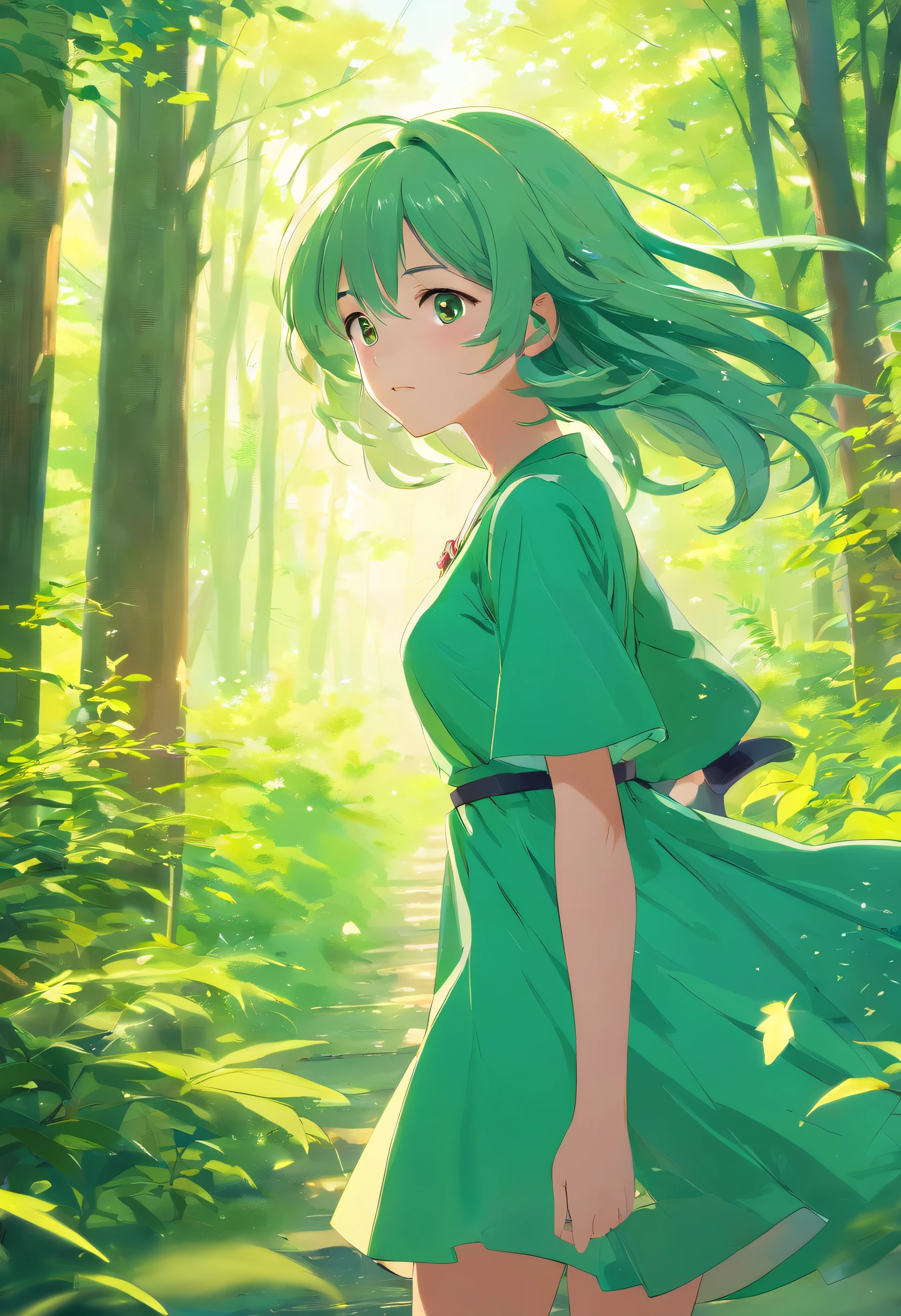​masterpiece、top-quality、Movie stills、1girl in、with light glowing、Happiness、Earl Grey、long green hair、Hand Cream、、Green dress、in woods、Leaves fluttering in the wind、Adults