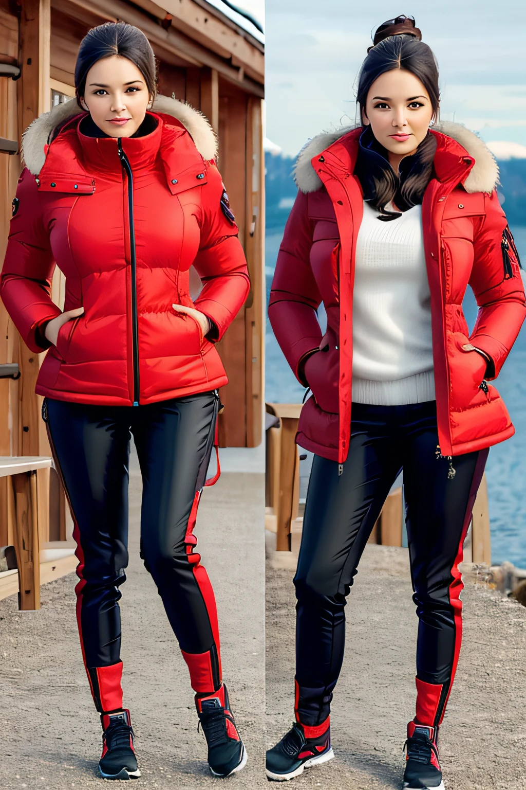 sexy slim skinny one pakistani 40 year old women ,unique, wearing red spandex_leggings and a winte puffer jacket , unique hair styles, 8k uhd, dslr, high quality, photorealistic, realism, hyperrealism,winter scene
<lora:spandex_leggings_v1:0.7>