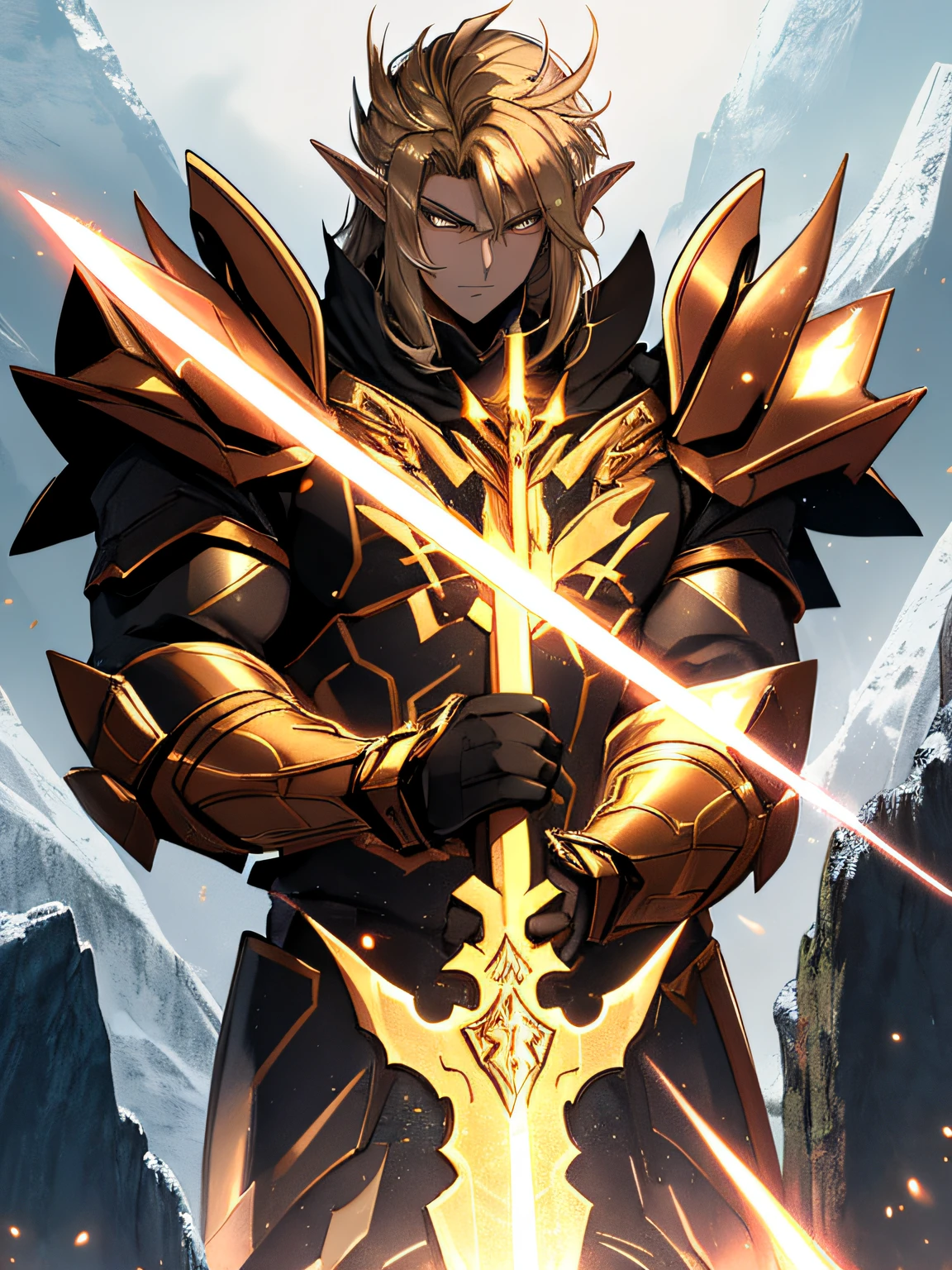 A very attractive muscular male elf with a tone, perfectly proportioned slim body, with luminous golden hair and golden eyes that resemble those of a dragon, standing at a height of 2 meters. He wears armor made of unrefined black crystals that appear to contain a galaxy within, fitting his body. Adopt a heroic pose, Look down from the top of a mountain with a serene gaze, while watching an army of demons on the slopes of the mountain. In his right hand, Grab a crimson-bladed claymore sword with a white hilt. 4k, Kinematic, luci, Detailed face.