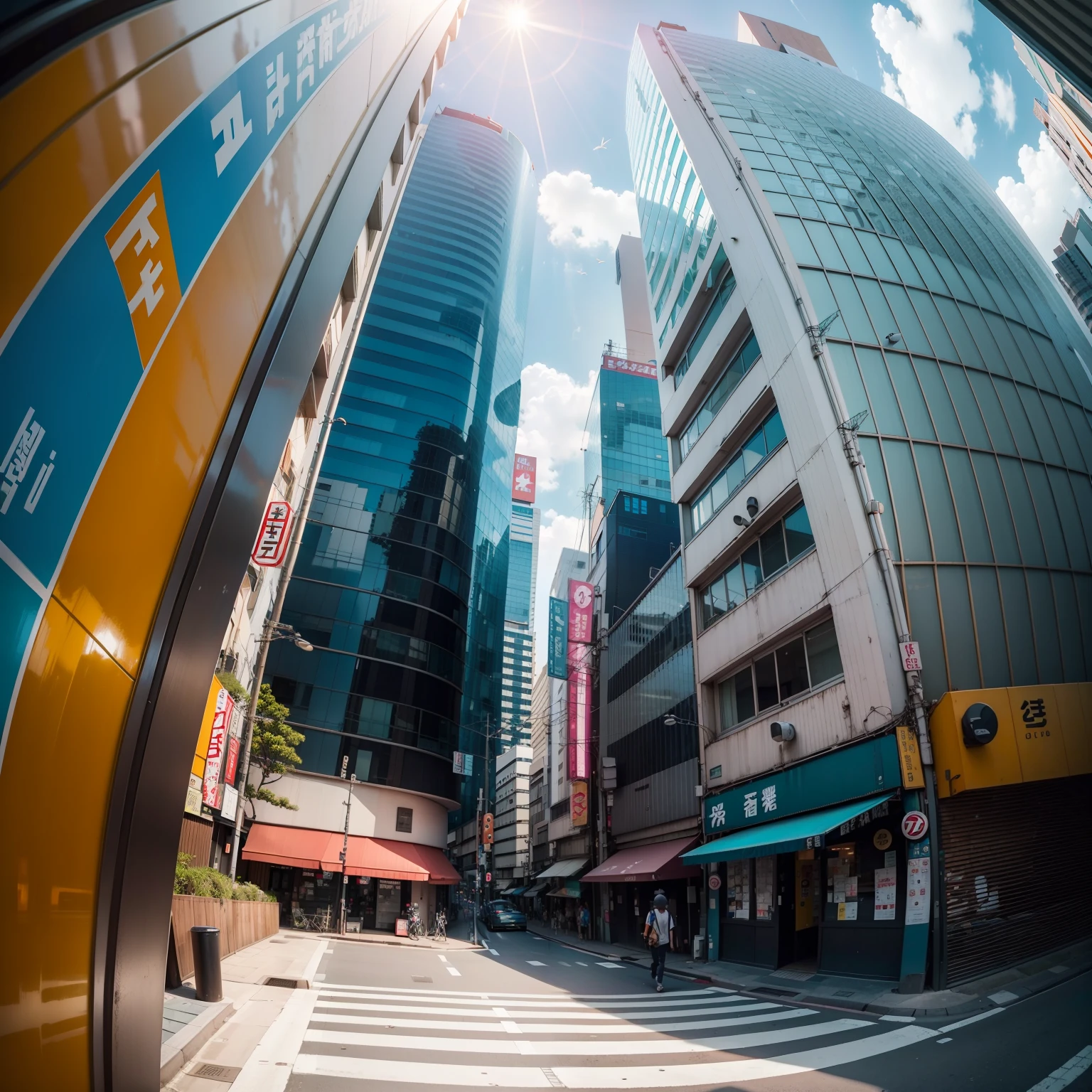 8k, Fotos RAW, qualidade superior),lente olho de peixe、(((wide view)))、Fisheye, supergrande angular | | | | | |, Olho de peixe Canon, estilo de filme, centro da cidade, ponto comercial de Tokyo, cidade estilo Tokyo、Tokyo in the morning、estilo de vida indie e punk, Difficult but beautiful day、azul e laranja|((midtones))、Filmes indie、Meia cara、clear morning、ambiente ensolarado、alta qualidade、filmagem de cinema、foco nítido, paisagem realista, ultrarrealismo