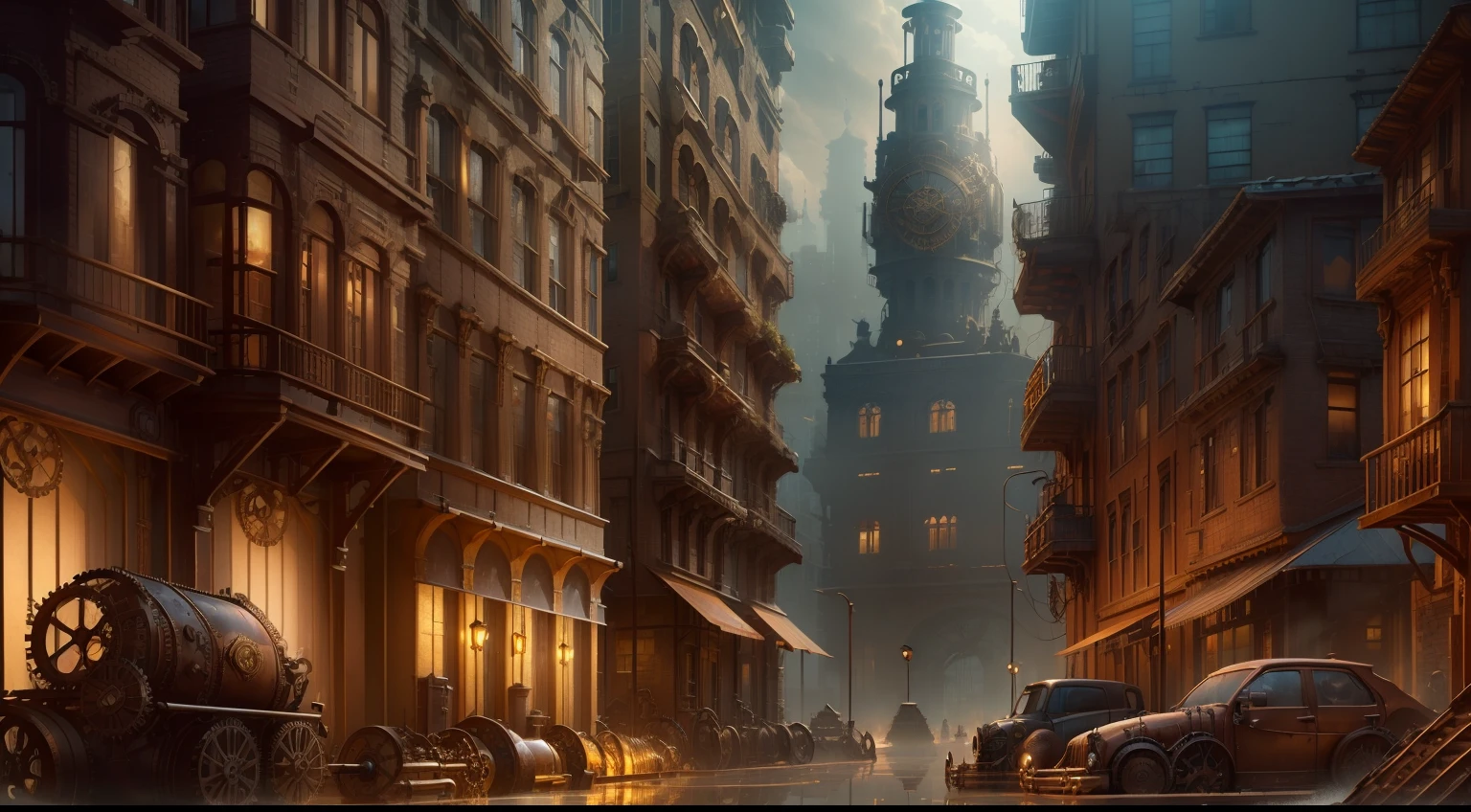 (((steampunk))),city,(((densely packed buildings))),Exposed gears and pipes,(((dim light))),submerged ground,((gears))