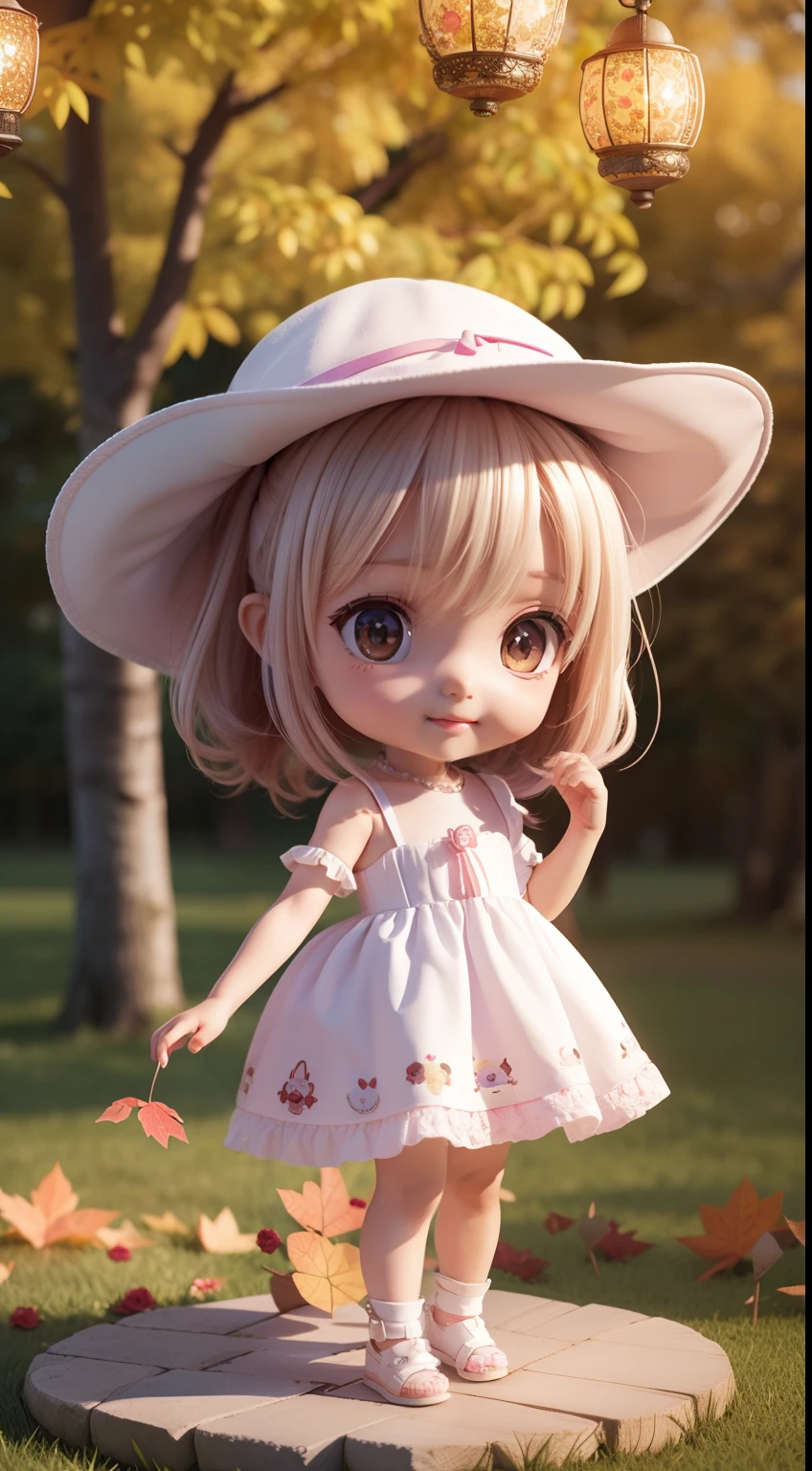 Cute baby chibi anime,(((chibi 3d))) (Best quality) (Master price)、Chibi model、white and purple dress、Tiger head hat、Autumn in the fairytale forest、Lots of realistic roses、In both hands、Have a gun