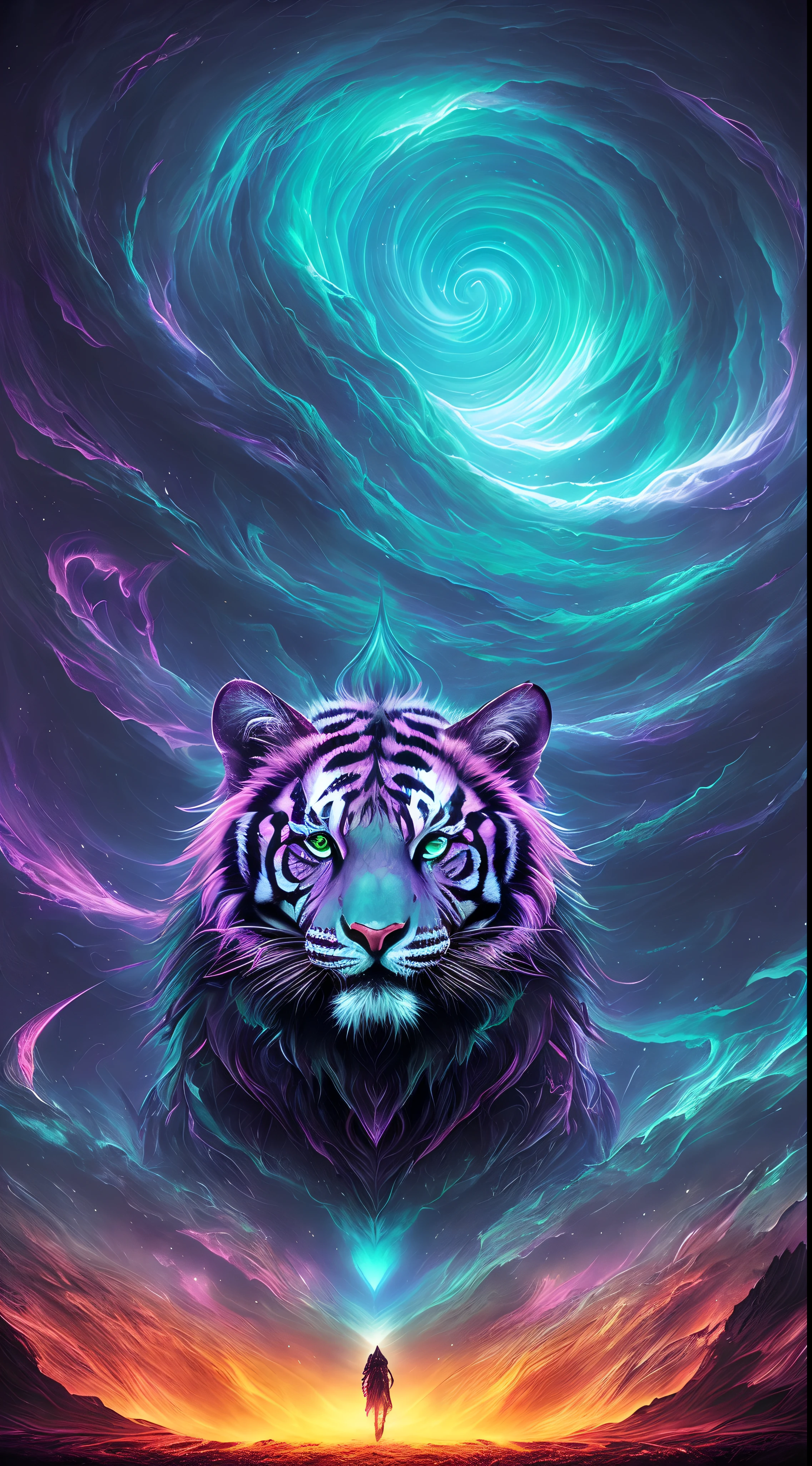 (astral tiger,chaotic atmosphere,dark surrealism,psychedelic colors,melting landscape,glowing eyes,ethereal creature,majestic,powerful presence,flickering shadows,otherworldly,hidden realms,dreamlike,nightmarish,dramatic lighting,mysterious,astral projection,illusory world,surreal landscapes,vibrant,cosmic energy)