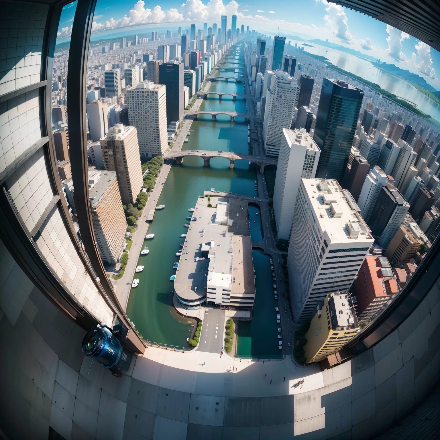 8k, Fotos RAW, qualidade superior),lente olho de peixe、(((wide view)))、Fisheye, supergrande angular | | | | | |, Olho de peixe Canon, estilo de filme, centro da cidade, ponto comercial de Tokyo, cidade estilo Tokyo、Tokyo in the morning、estilo de vida indie e punk, Difficult but beautiful day、azul e laranja|((midtones))、Filmes indie、Meia cara、clear morning、ambiente ensolarado、alta qualidade、filmagem de cinema、foco nítido, paisagem realista, ultrarrealismo
