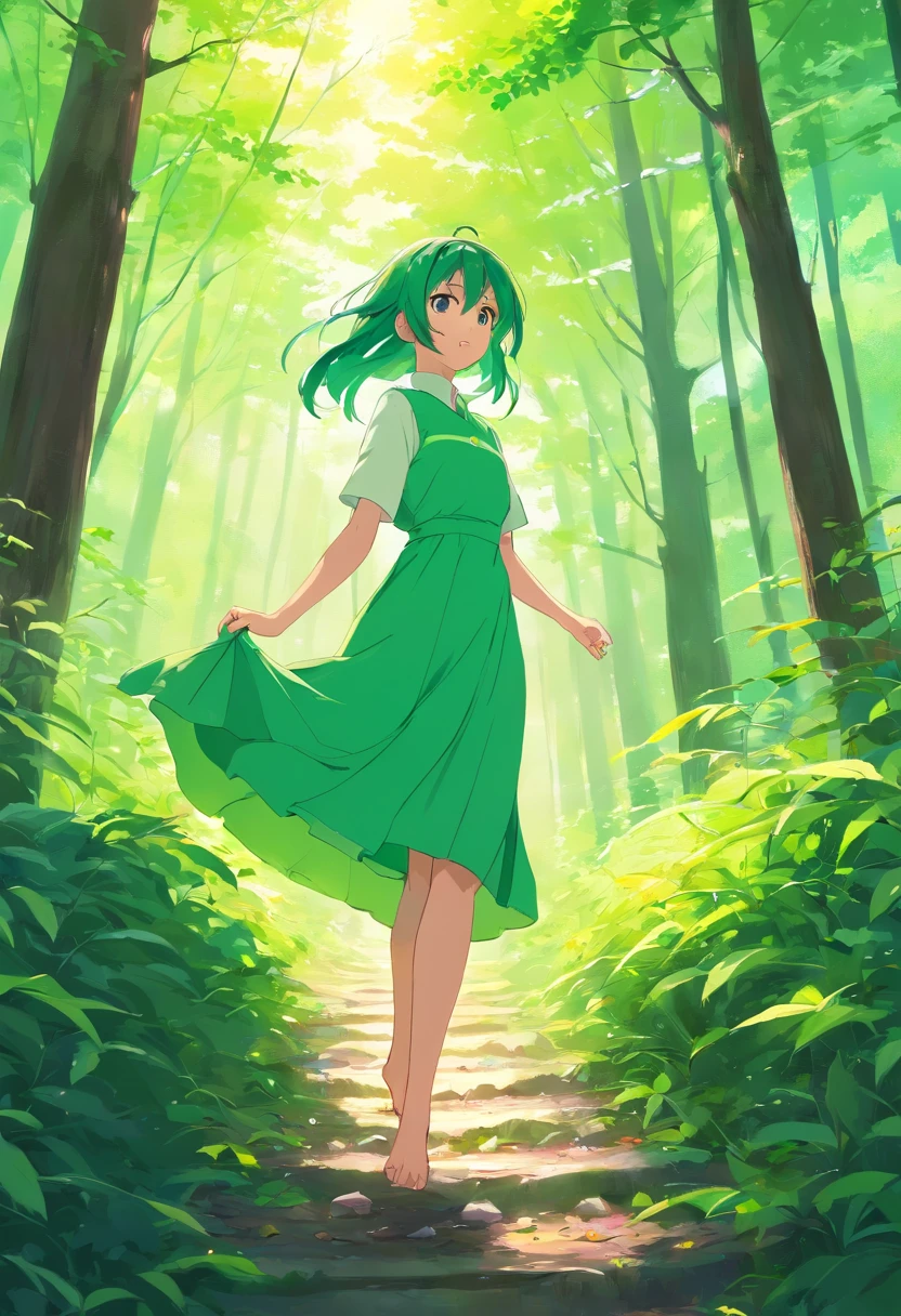 masterpiece、top-quality、Movie stills、1girl in、发光、Happiness、Earl Grey、long green hair、Hand Cream、、Green dress、in woods、Leaves fluttering in the wind、Adults