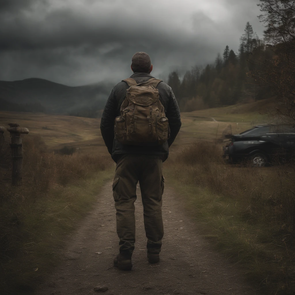 quero um personagem do jogo dayz olhando pra uma base pegando fogo .