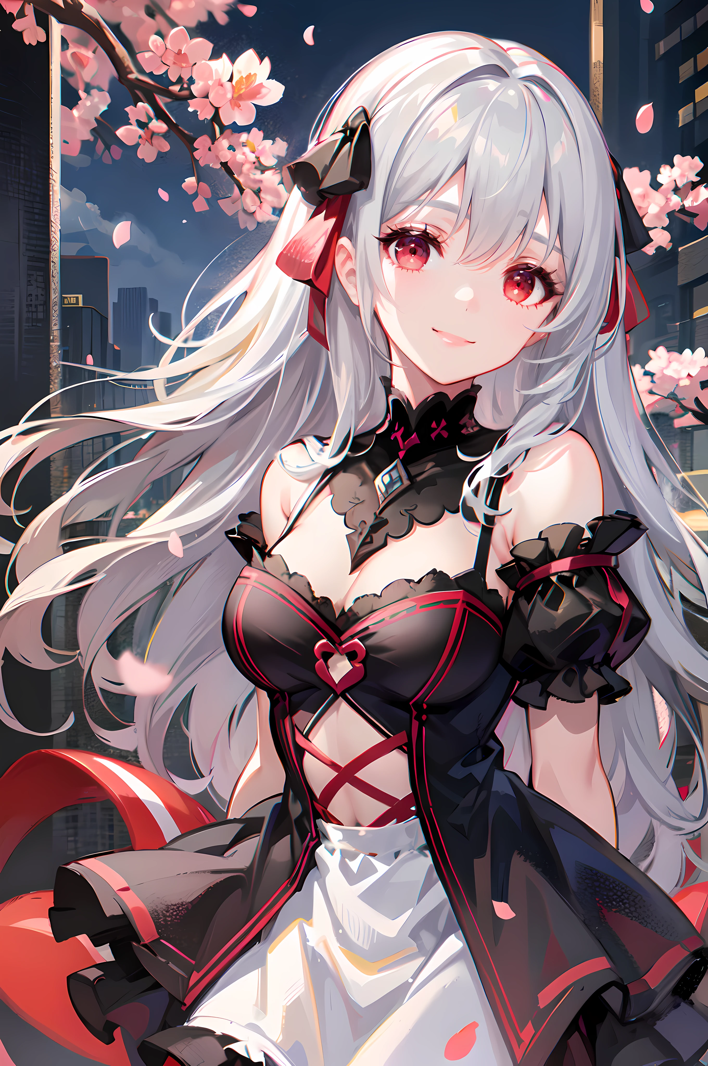 masterpiece, best quality, intricate, long hair, silver hair, red eyes, dress, frills, gothic, arms behind back, 
outdoors, cherry blossoms, depth of field, smiling, happy, 8k, high resolution, high quality art,