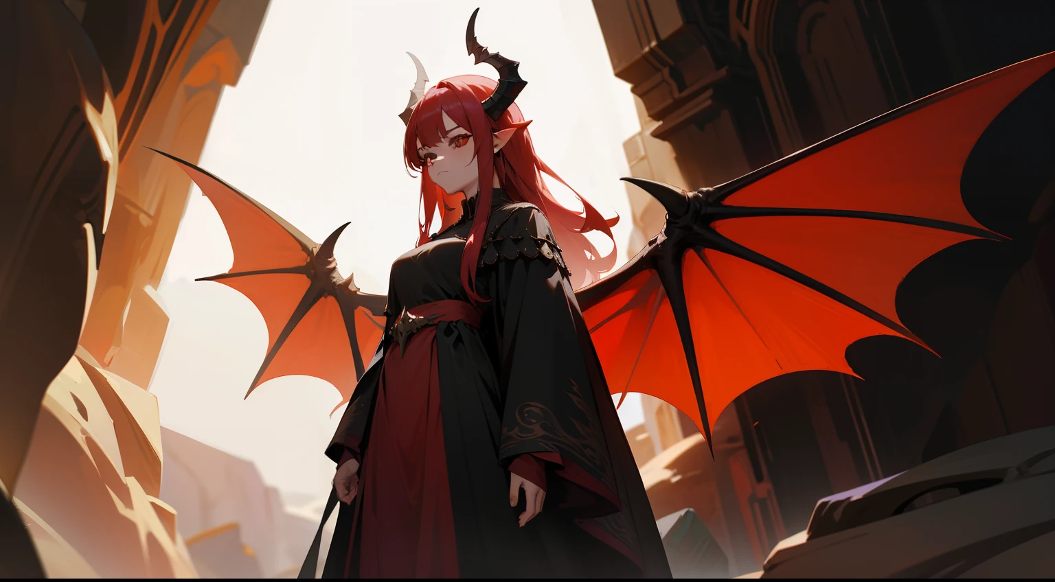 one-girl，Red-haired demon，black-clad，Facial suspicion，There is a pair of dragon wings on the back，Western fantasy，Fairytales，There is a pair of dragon horns on the head，Standing in a cave，Works of masters，A high resolution，Exquisite facial features