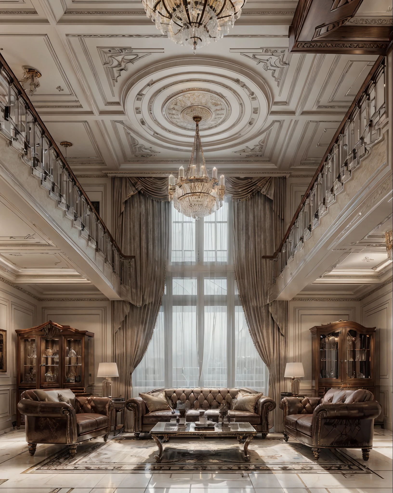 RAW photo, masterpiece, a view of a living room with a couch, chairs, and a chandelier, highly detailed interior, neo - classical style, neoclassical style, neoclassicism style, interior architect architectural visualization, neoclassical style, in style of classicism, white light sun, rendered in vray, rendered in v-ray, rendered in unreal engine 3d, (photorealistic:1.2), (photorealistic:1.5), best quality, ultra high res, architechture, (leather sofa detail:1.5), neoclassic house, (detailed railing neoclassic:1.5), luxury neoclassical villa, (mable floor details:1.5), (detailed neoclassical carpet:1.5), in the style of neoclassical scene, glass windows, best quality, (Intricate lines:1.5), ((Photorealism:1.5)),(((hyper detail:1.5))), (ceiling relief details:1.5), glass storage cabine, archdaily, award winning design, (dynamic light:1.3), (day light:1.2), (perfect light:1.3), (shimering light :1.4),  refection glass windows, (curved line architecture arch:1.2), photorealistic, FKAA, TXAA, RTX, SSAO, Post Processing, Post-Production, CGI, VFX, SFX, Full color,((Unreal Engine 5)), Canon EOS R5 Camera + Lens RF 45MP full-frame CMOS sensor, HDR, Realistic, Cinematic intricate detail, extreme detail, science, hyper-detail, FKAA, super detail, super realistic, crazy detail, intricate detail, nice color grading, reflected light on glass, eye-catching wall lights, unreal engine 5, octane render, cinematic, trending on artstation, High-fidelity, Viwvid, Crisp, Sharp, Bright, Stunning, ((Lifelike)), Natural, ((Eye-catching)), Illuminating, Flawless, High-quality,Sharp edge rendering, medium soft lighting, photographic render, detailed archviz