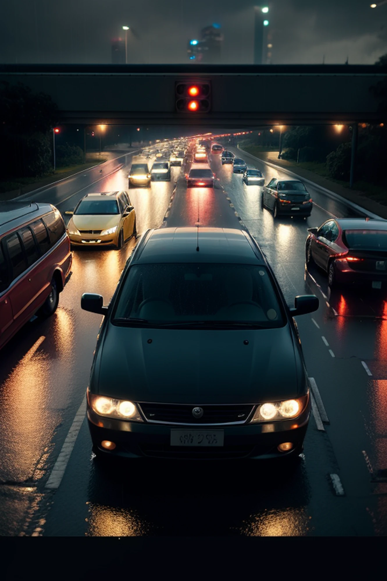 in the city, bad weather , stuck in a traffic jam, People inside cars frustrated.