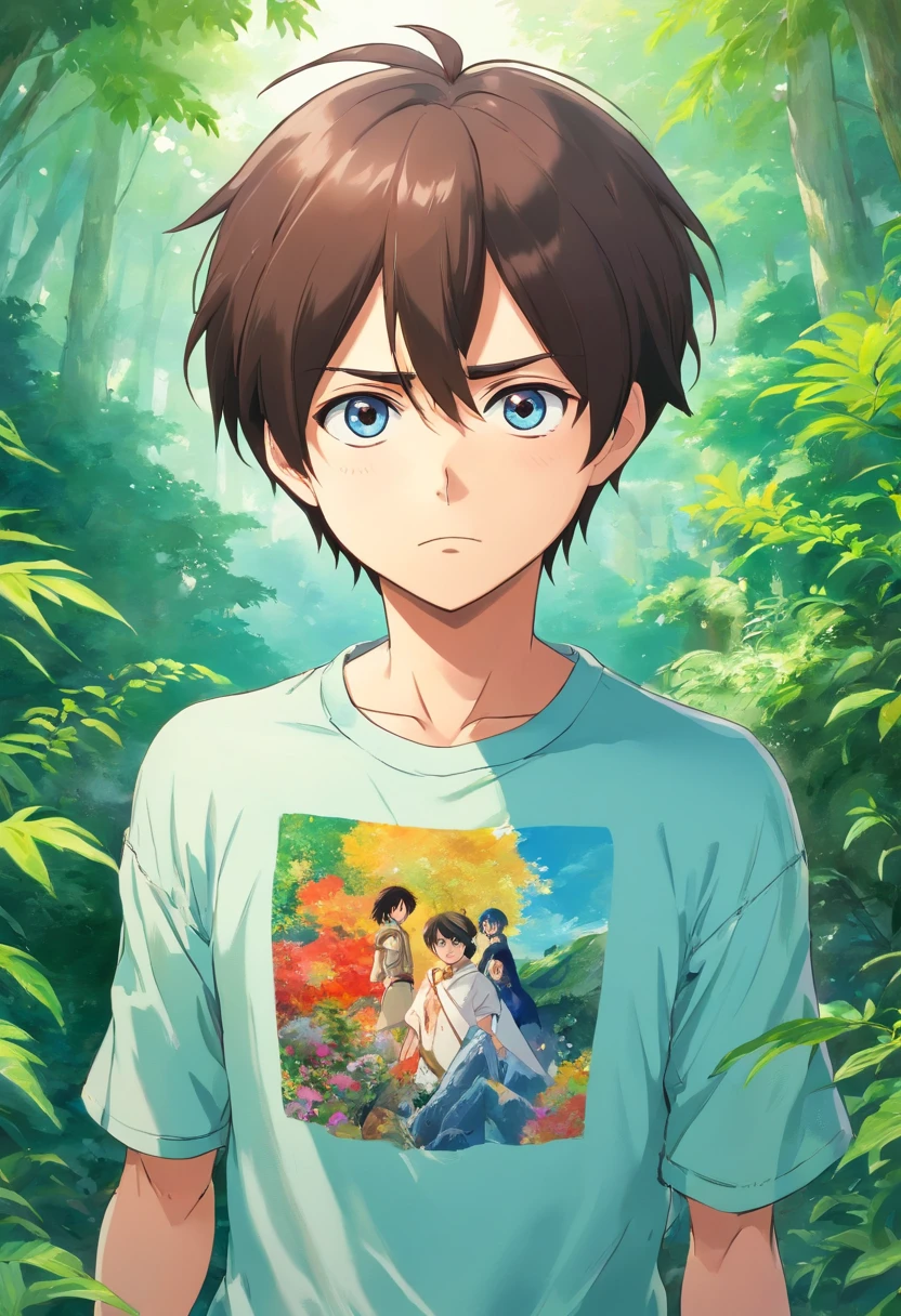 a eren yeager wearing an anime ripped shirt , in the style of tranquil gardenscapes, colorful animation stills, masami teraoka, aquamarine, paul gauguin, Embry style, honest portrayal