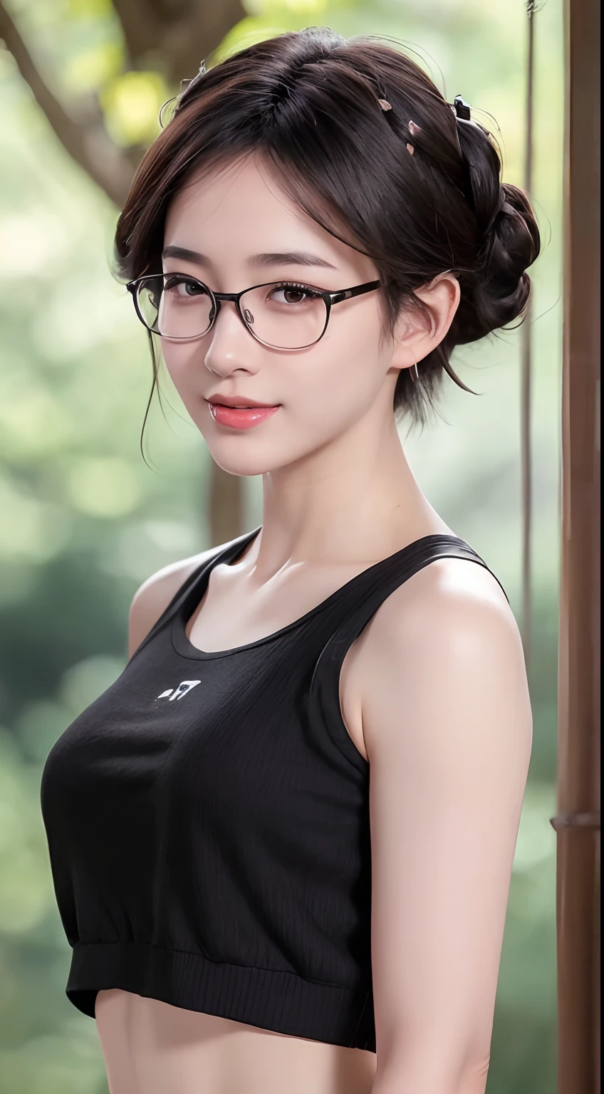 1girl, ((extreme detail)), (ultra-detailed), (best quality, 4k, 8k, highres, masterpiece:1.2), (realistic, photorealistic, photo-realistic:1.37),
(extremely detailed CG unity 8k wallpaper), (an extremely delicate and beautiful),
fine detail, insane details, sharp focus, soft back, soothing tones, hyperdetailed, low contrast, exposure blend, illustration,
beautiful lighting, perfect lightning, precise proportions, (cherry blossom on background), (short-length hair, black hair, partedhair:1.45), (black tank top), (denim shorts), (wearing glasses), smile,