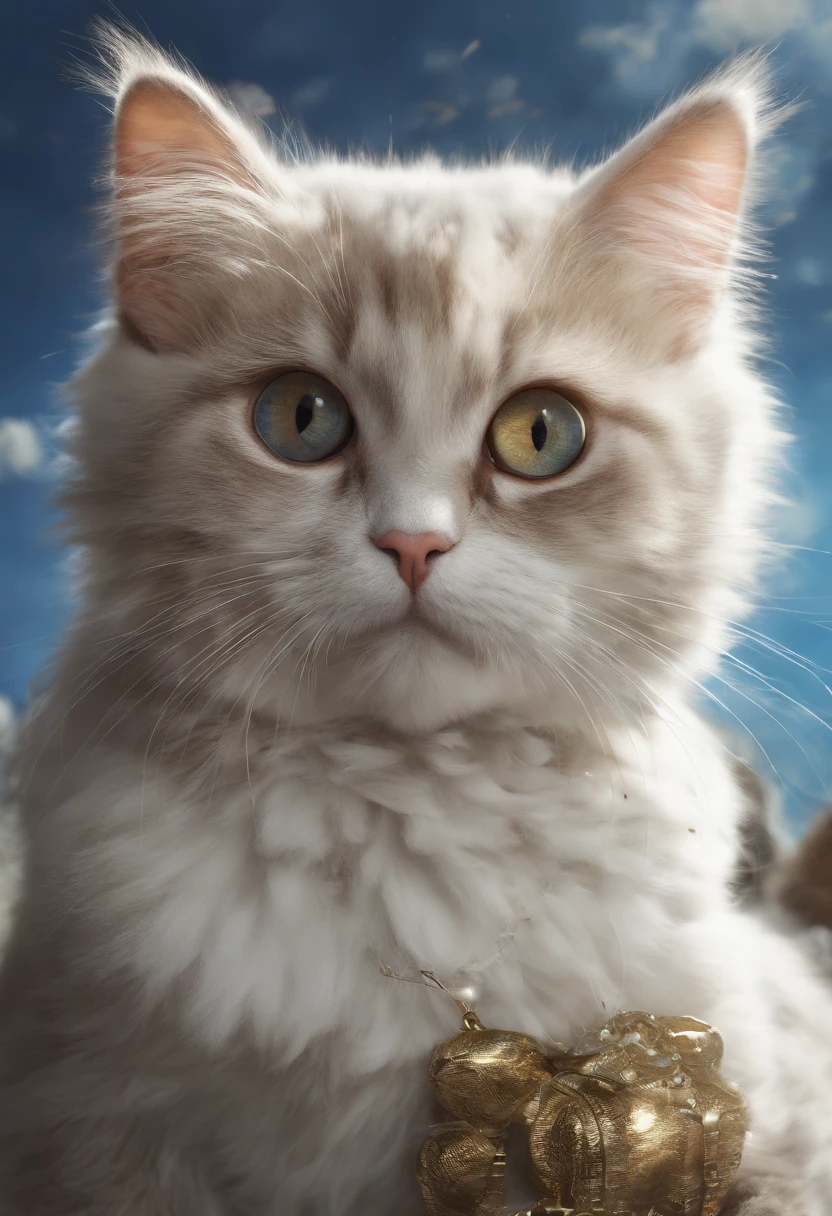 um close up de um gato branco, pelos longos, olhos de cores diferentes um azul o outro marrom esverdeado, sitting looking up at the sky like an angel with a golden areola over his head, gato lindo, paper awesome wallpaper, Arte digital detalhada em 4k, Arte digital altamente detalhada em 4k, papel de parede 4k, papel de parede 4K,
