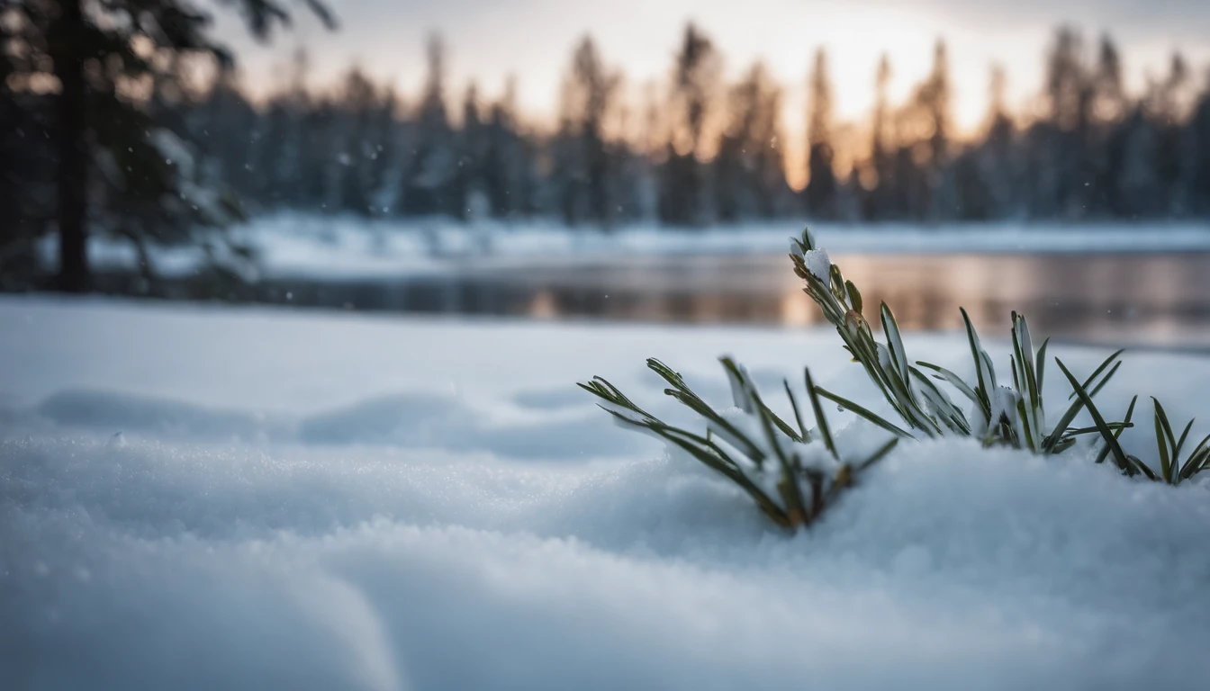 ((hight resolution,8K)), Highly detailed detail,Crisp focus:1.2,Snow close-up, Macro Close Shot, On flat snow, Smooth snow, Forest in the background, depth of fields