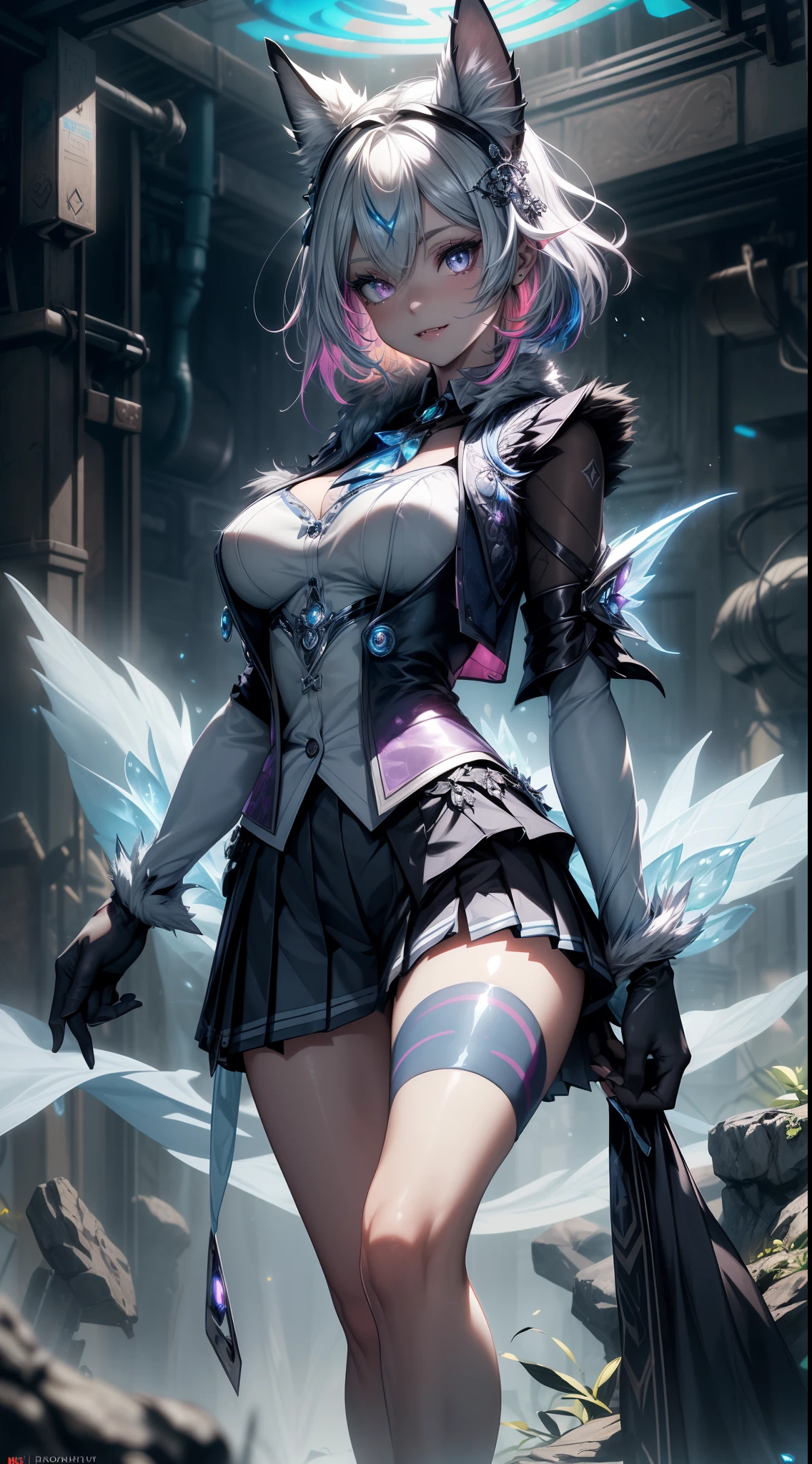 spiritual blue fire fox girl, (fox ears, fox tail), (spirit, spiritual:1.4), (blue fire:1.5), 1girl, perfect and well designed glowing shiny eyes, (beautiful detailed eyes:1.05), natural breasts, slim body, beautiful and delicate cute face, (face detail), ((realistic face)), pores, ((pale grey skin)), detailed skin, realistic skin, (((bioluminescence))), ((shiny skin)), ((glowing speckles on skin)), (fangs:1.5), (multicolored gradation skin), (monster girl), (fur body:1.4), human face, medium length hair, hair voluminous, (((((multicolored gradation hair))))), super high resolution, 8k, parameters Best quality, (masterpiece:1.4), (magic accessories:1.4), bracelets, extremely detailed thick tight ({nylon|lycra}:1.5) pastel bright ((dark blue, (blue:0.4), silver:1.3), (pink, purple:0.75)) ornate ((shirt with stand-up collar:1.25), (vest:1.5), (skirt, pleated skirt:1.35)), (tight clothes:1.4), (standing nipples under cloth:1.15), (ornaments on clothing:1.5), (neckline:1.3), (cleavage), decolette, navel, Young Girl, Little Beast, (Smile:0.7), (pale Skin:1.4), ((tattoos all over body, Tribal tattoos all over legs)), ultra detailed, photorealistic, ((Real image)), (best quality:1.4), super high resolution, (Realistic 2.0), More details, (((1girl))), futuristic, {fantasy|cyberpunk}, technologies, (beautiful and aesthetic:1.2), (fractal art:1.4), (cinematic light:1.1), DUTCH ANGLE, 16K, HDR, RTX, Ray Tracing, Radiosity, Anisotropic Filtering, Subsurface Scattering, (((magic lights))), metallic reflections, Detailed, Realistic, 4k highly detailed digital art, (cool_color), extremely detailed CG unity 8k wallpaper, vibrant colors, (((seductive pose)))