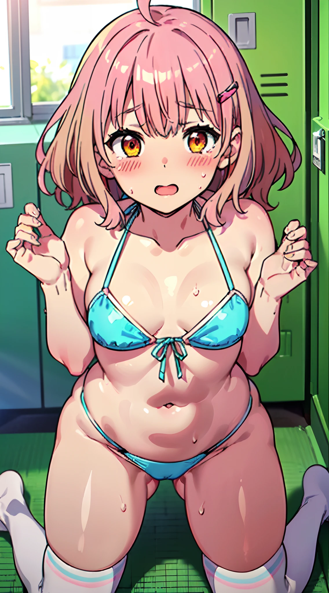 (Perfect body),Best Quality,16 K,(((((Lori)))))、(((kiss face)))、embarrassed from、Surprised、is crying、((blush)),(Short hair), (((Orange Eyes))),((((Pink hair)))),Kneeling,Sweat,flabbergasted,(((small tits))),(((((upper bオーdy))))),((((Wavy Hair)))),Ahoge,hair clips,(white knee-socks),((Big ass)),(((Light blue bikini)))、((flat chest))、(thick thighs)、(((((short in stature))))),((Spread legs))、Locker Room、(((((Face Focus)))))、