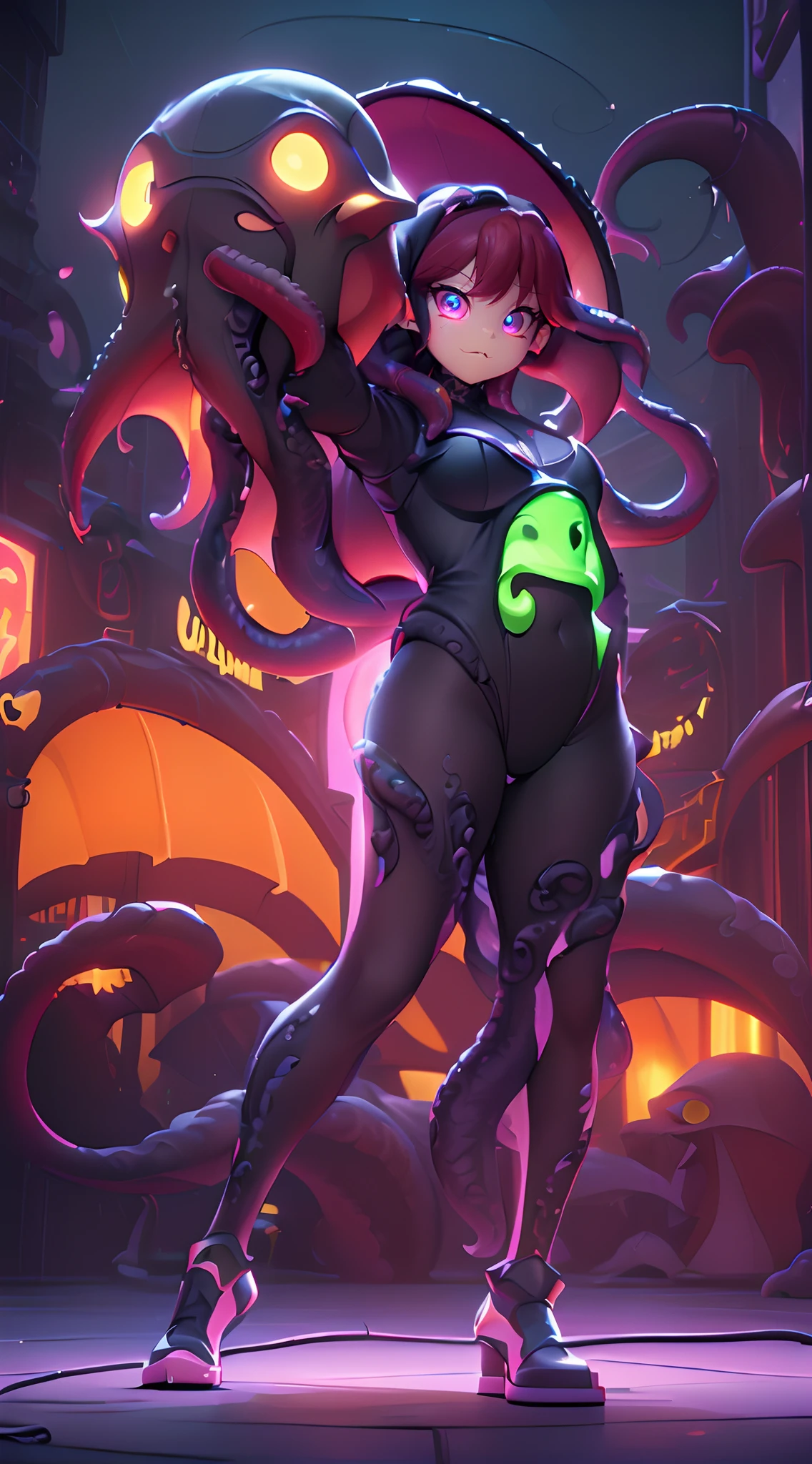(Dynamic Angle:1.4), ((Full body posing:1.5), (Colorful:1.2), (Highly detailed CG Unity 16K wallpaper:1.1), (Denoising strength: 1.45), (tmasterpiece:1.37), ((Official art)), of the highest quality, (Realistic), Deformed Character, (Short-cut hair:1.2),(Cthulhu costume:1.5),Red hair,Glowing eyes,(nice eyes:1.2),((Poses in motion:1.4)),((Cthulhu costume:1.3)),wires, (LED:1.3), (a hologram:1.2), futuristic city street, Neon light, Skyscrapers, (Night:1.2), (Rainbow Model:1.2), 8K resolution, (Anime style:1.3), Cinematic lighting, chromatic abberation, spark of light, Ray tracing, blending, ultra wide-angle, Hasselblad, (masutepiece), (masutepiece), ((Best Quality)), ((masutepiece)), nffsw