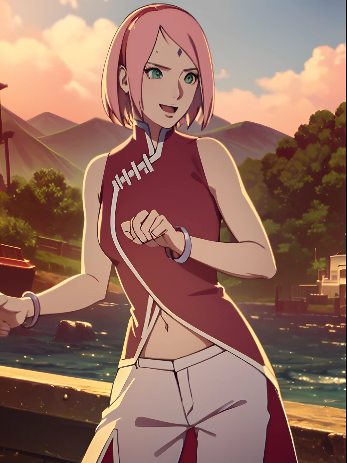 masterpiece, 4k, portrait, cowboy shot, (PLAYGROUND BACKGROUND), professional artwork, intricate details, colorful, digital blending, (ultra detailed body, ultra detail hair, ultra detail face), trending on pixiv, kind smile, best quality, anime style: 1.9, 1girl, hires, haruno sakura, (forehead mark, milf, red hairband, pale skin, (small breasts), short hair, ((red sleeveless dress), white pants), ((navel, belly button), slender body, slender belly, bracelet, pink hair, open mouth, big eyes), smile, beach, wind, floating hair, detailed arms, off-shoulders, broad shoulders, (((both) hands spreading to both sides)), fancy couch, relaxing, laying, talking, looking at the viewer))), (((flexing))), (((ultra detailed arms))))